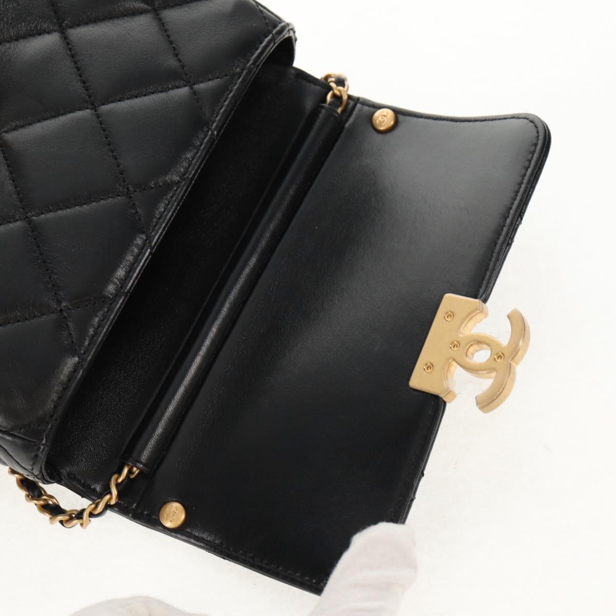 CHANEL Mini Matelasse Chain Shoulder Bag Lamb Skin Black Gold CC Auth 142102SM