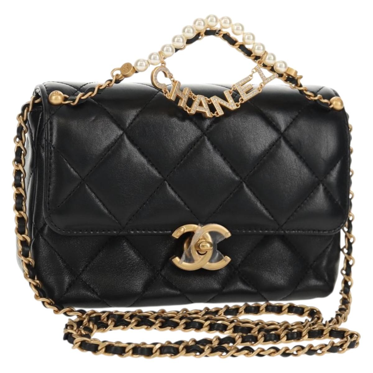 CHANEL Mini Matelasse Chain Shoulder Bag Lamb Skin Black Gold CC Auth 142102SM