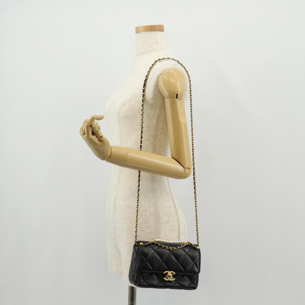 CHANEL Mini Matelasse Chain Shoulder Bag Lamb Skin Black Gold CC Auth 142102SM