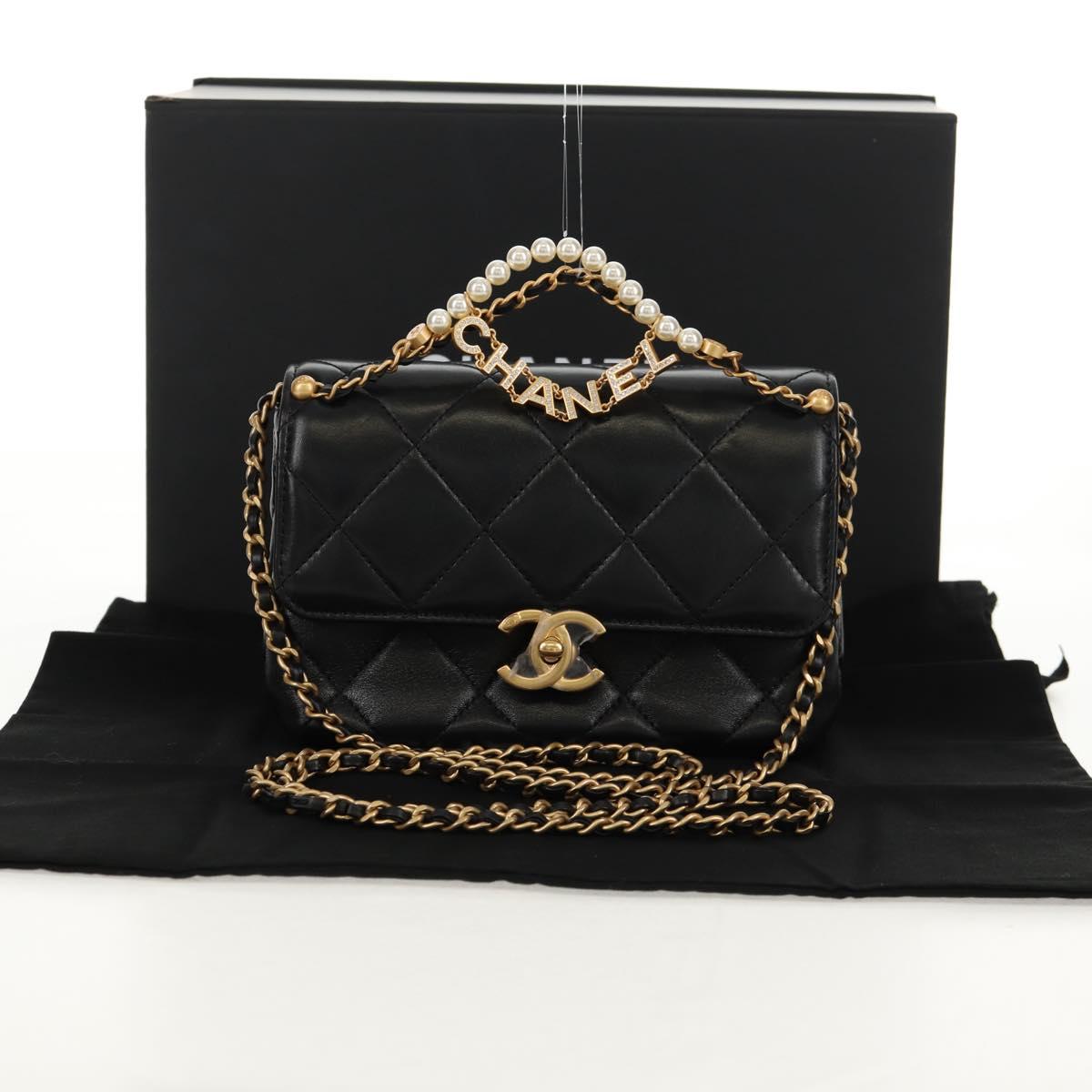 CHANEL Mini Matelasse Chain Shoulder Bag Lamb Skin Black Gold CC Auth 142102SM