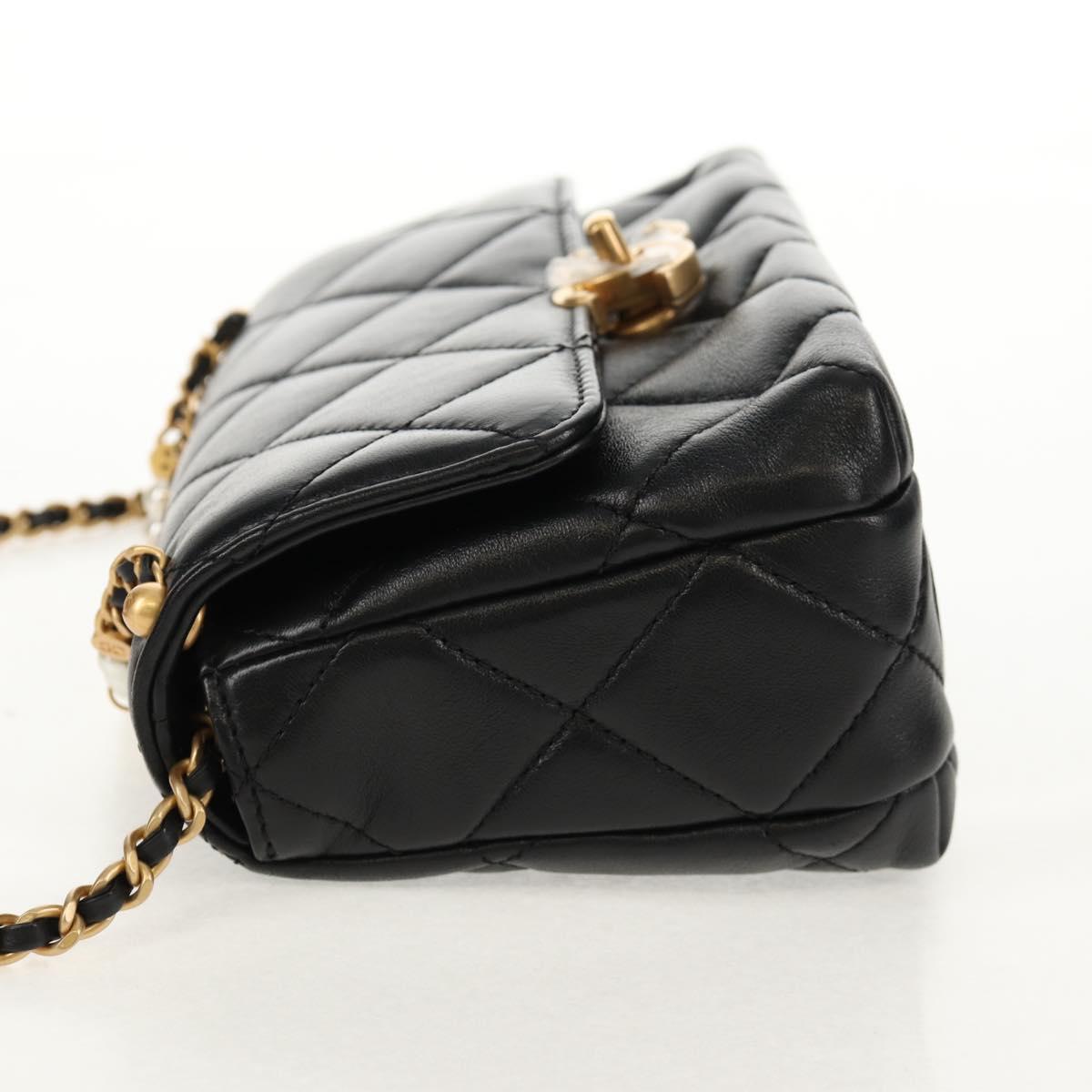CHANEL Mini Matelasse Chain Shoulder Bag Lamb Skin Black Gold CC Auth 142102SM