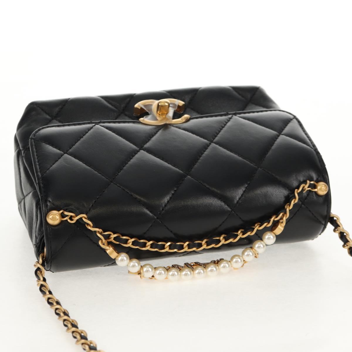 CHANEL Mini Matelasse Chain Shoulder Bag Lamb Skin Black Gold CC Auth 142102SM