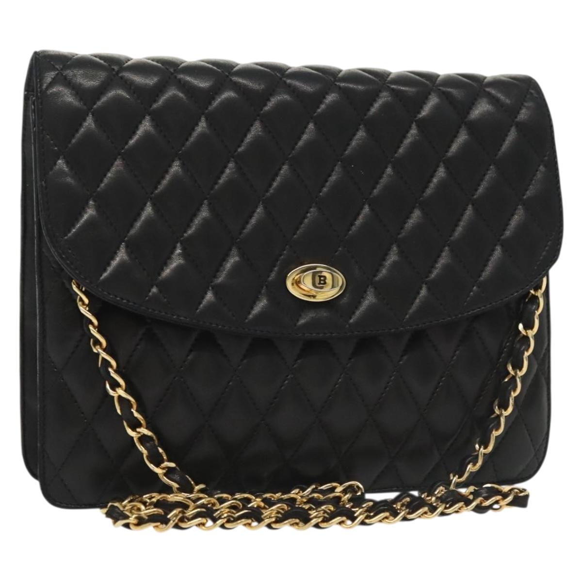 BALLY Chain Shoulder Bag Leather Black Gold Auth 142113