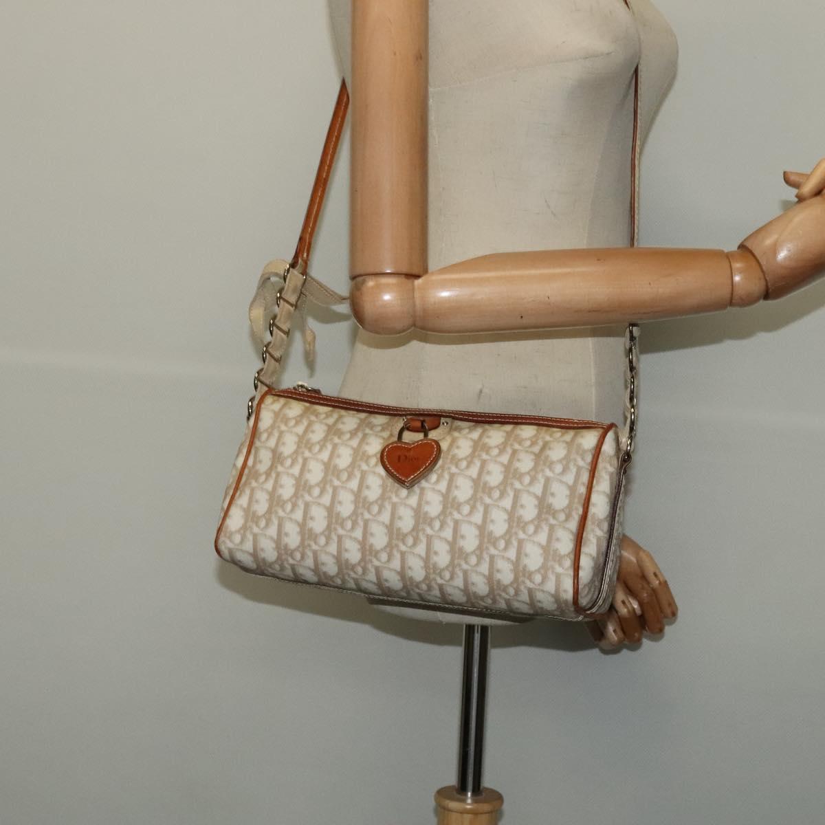 Christian Dior Trotter Canvas Romantic Shoulder Bag PVC Beige Silver Auth 142116