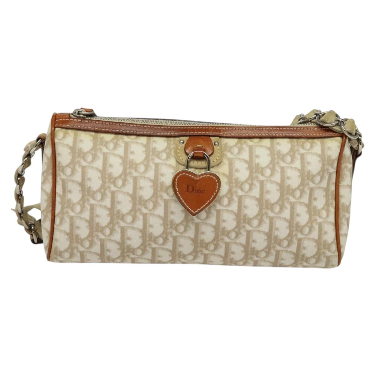 Christian Dior Trotter Canvas Romantic Shoulder Bag PVC Beige Silver Auth 142116