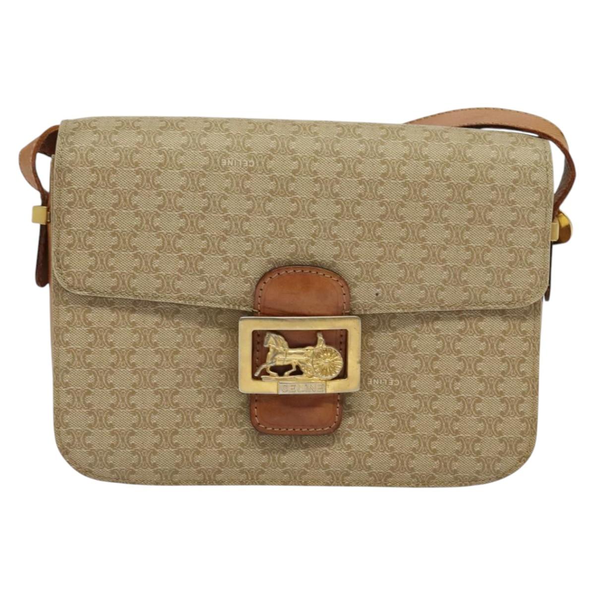 CELINE Macadam Canvas Shoulder Bag PVC Beige Gold Auth 142119