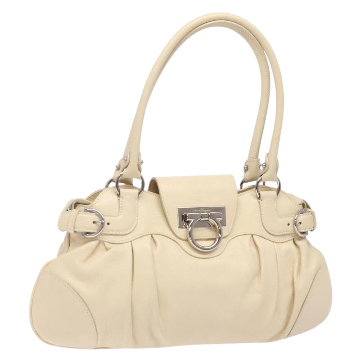 Salvatore Ferragamo Gancini Hand Bag Leather Ivory Silver Auth 142123