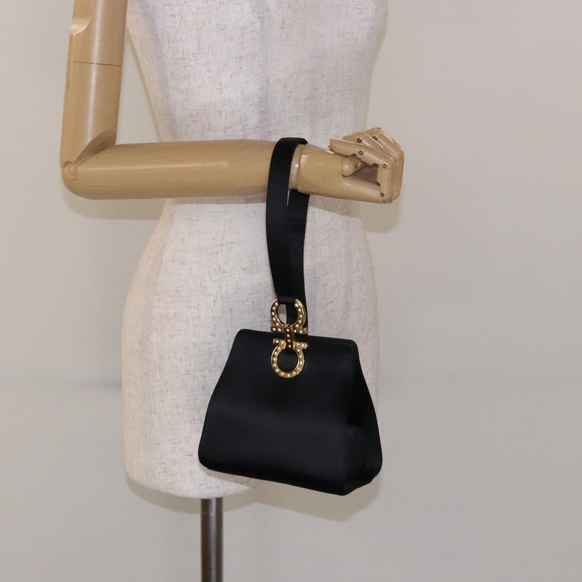 Salvatore Ferragamo Gancini Hand Bag Satin Black Gold Auth 142124V