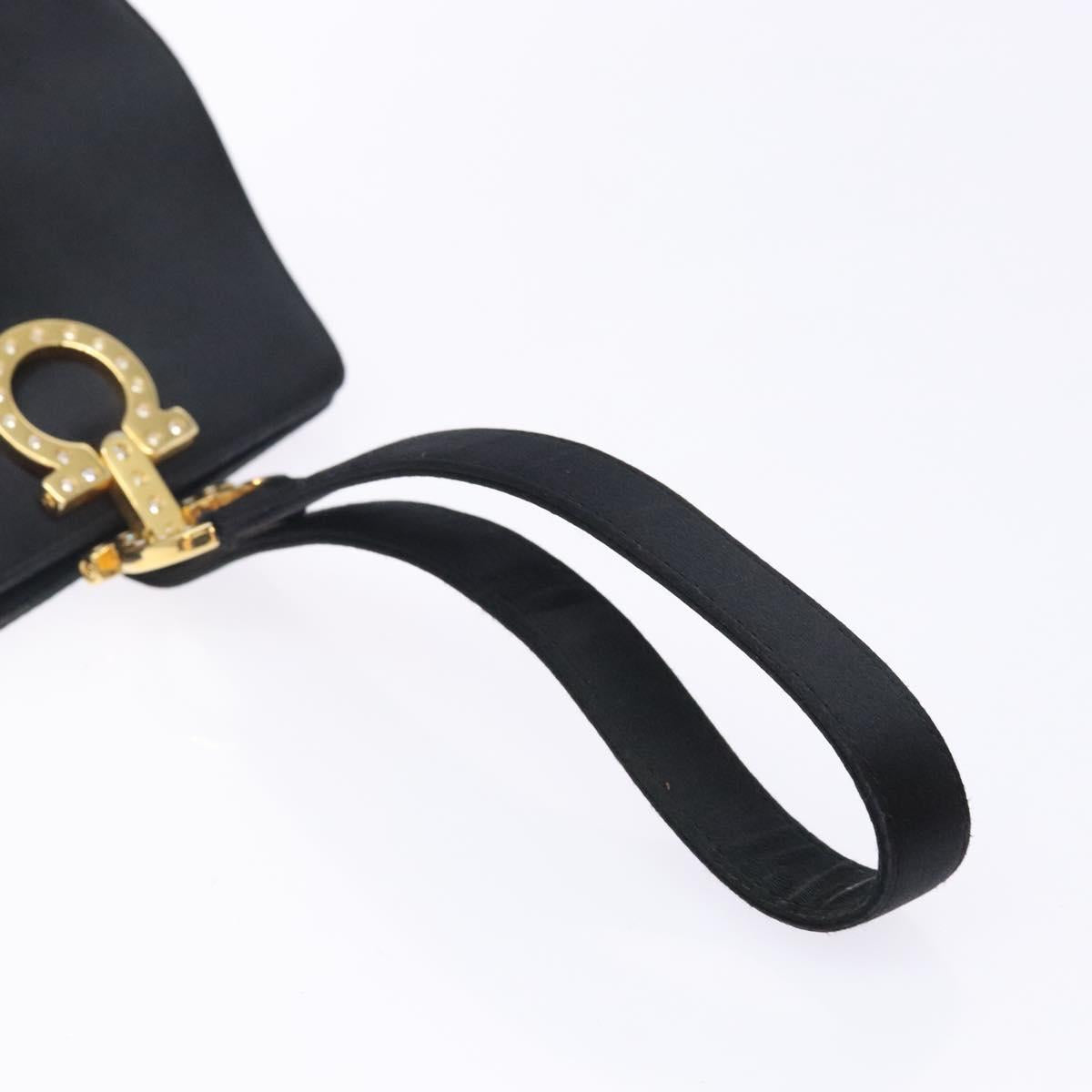 Salvatore Ferragamo Gancini Hand Bag Satin Black Gold Auth 142124V