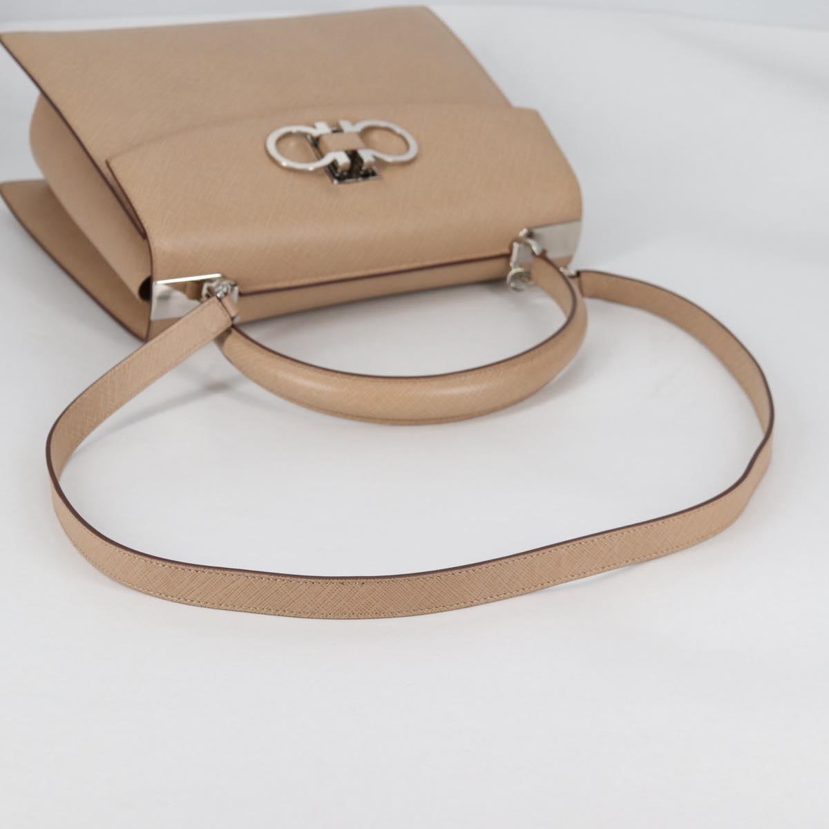 Salvatore Ferragamo Gancini Hand Bag Leather 2way Beige Silver Auth 142127V