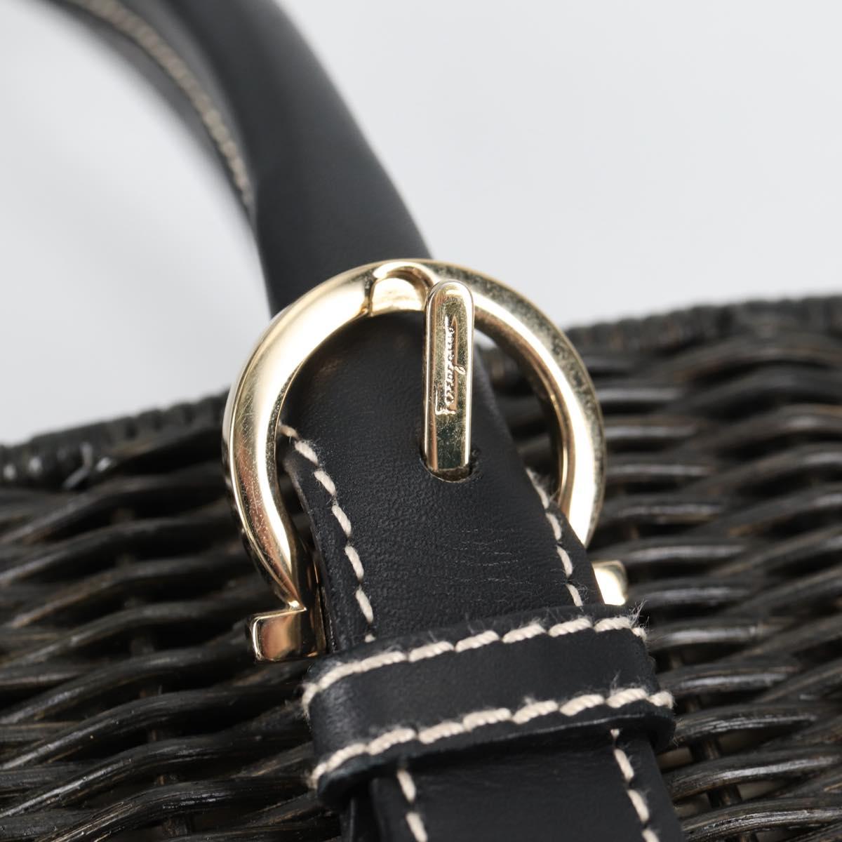 Salvatore Ferragamo Gancini Hand Bag Rattan Black Gold Auth 142182V
