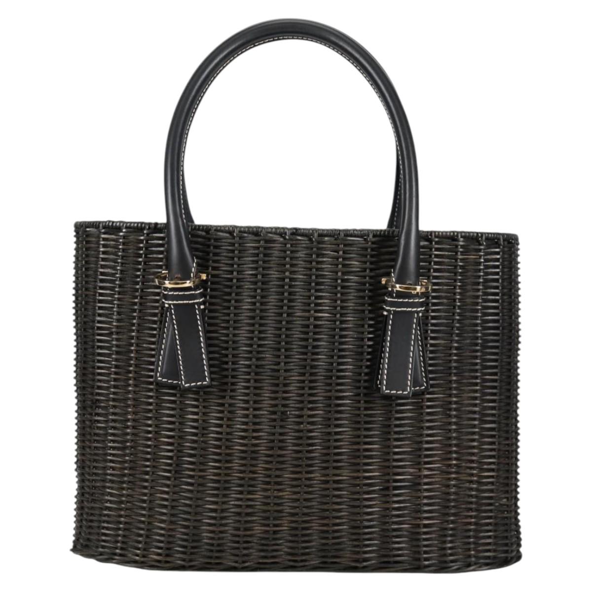 Salvatore Ferragamo Gancini Hand Bag Rattan Black Gold Auth 142182V