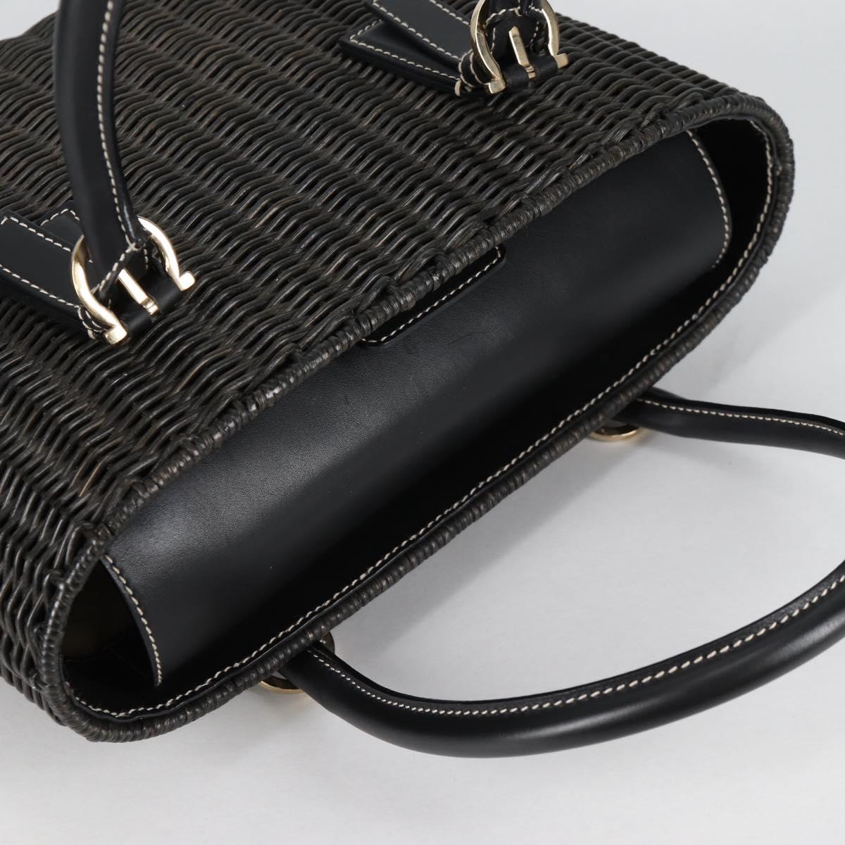 Salvatore Ferragamo Gancini Hand Bag Rattan Black Gold Auth 142182V