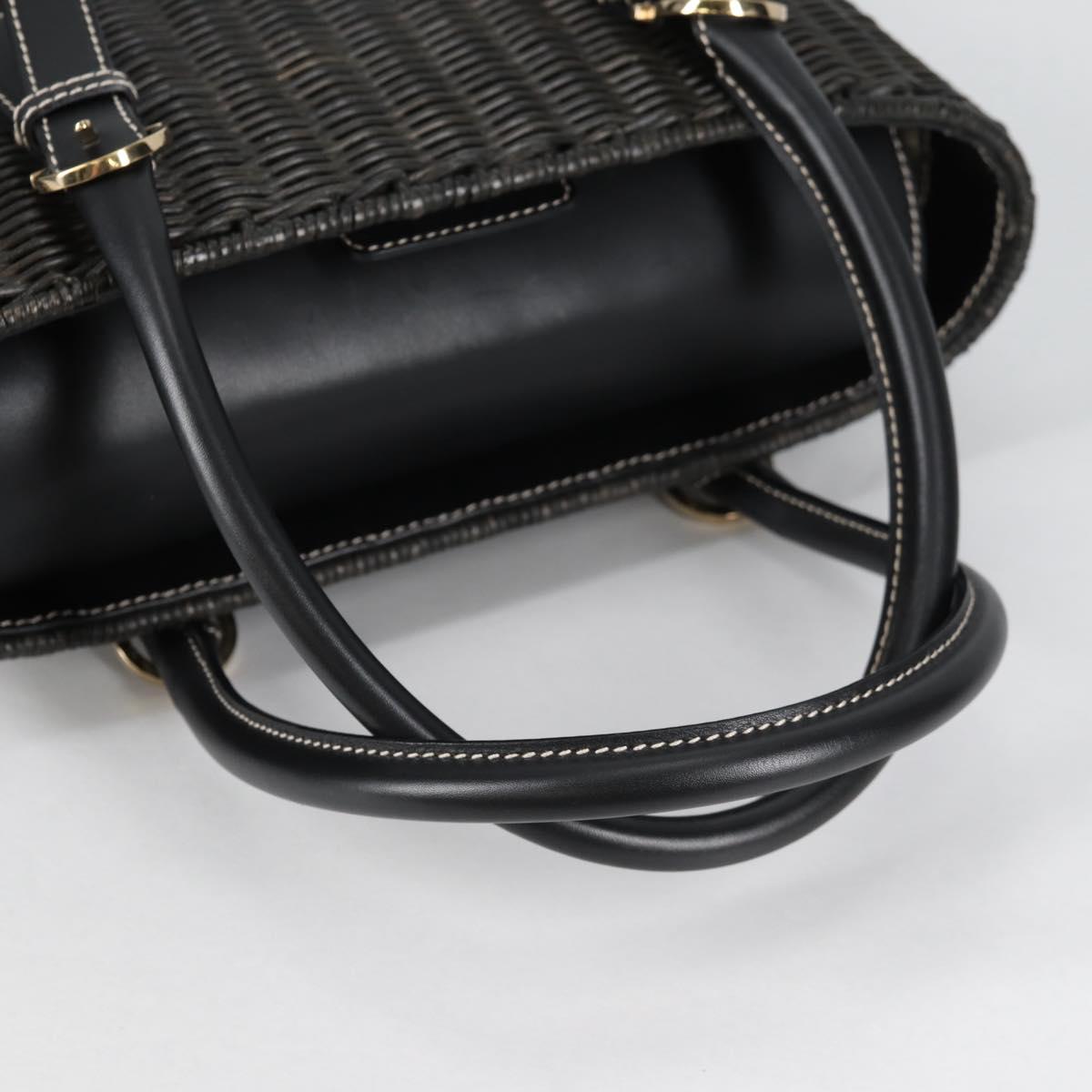 Salvatore Ferragamo Gancini Hand Bag Rattan Black Gold Auth 142182V