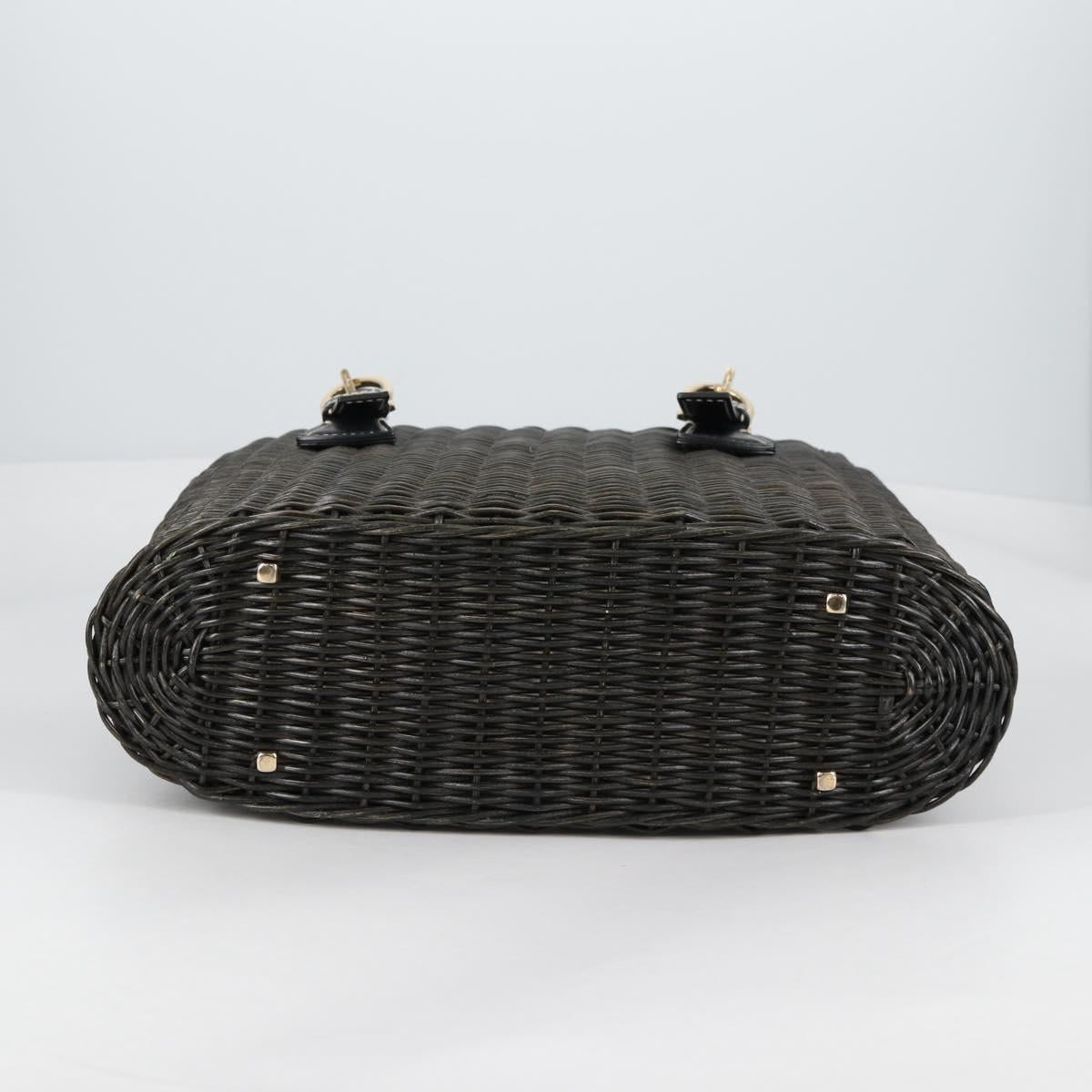 Salvatore Ferragamo Gancini Hand Bag Rattan Black Gold Auth 142182V