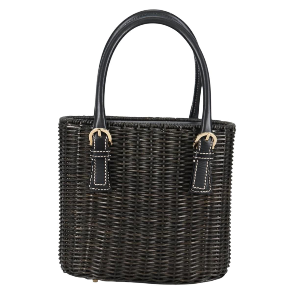 Salvatore Ferragamo Gancini Hand Bag Rattan Black Gold Auth 142185V