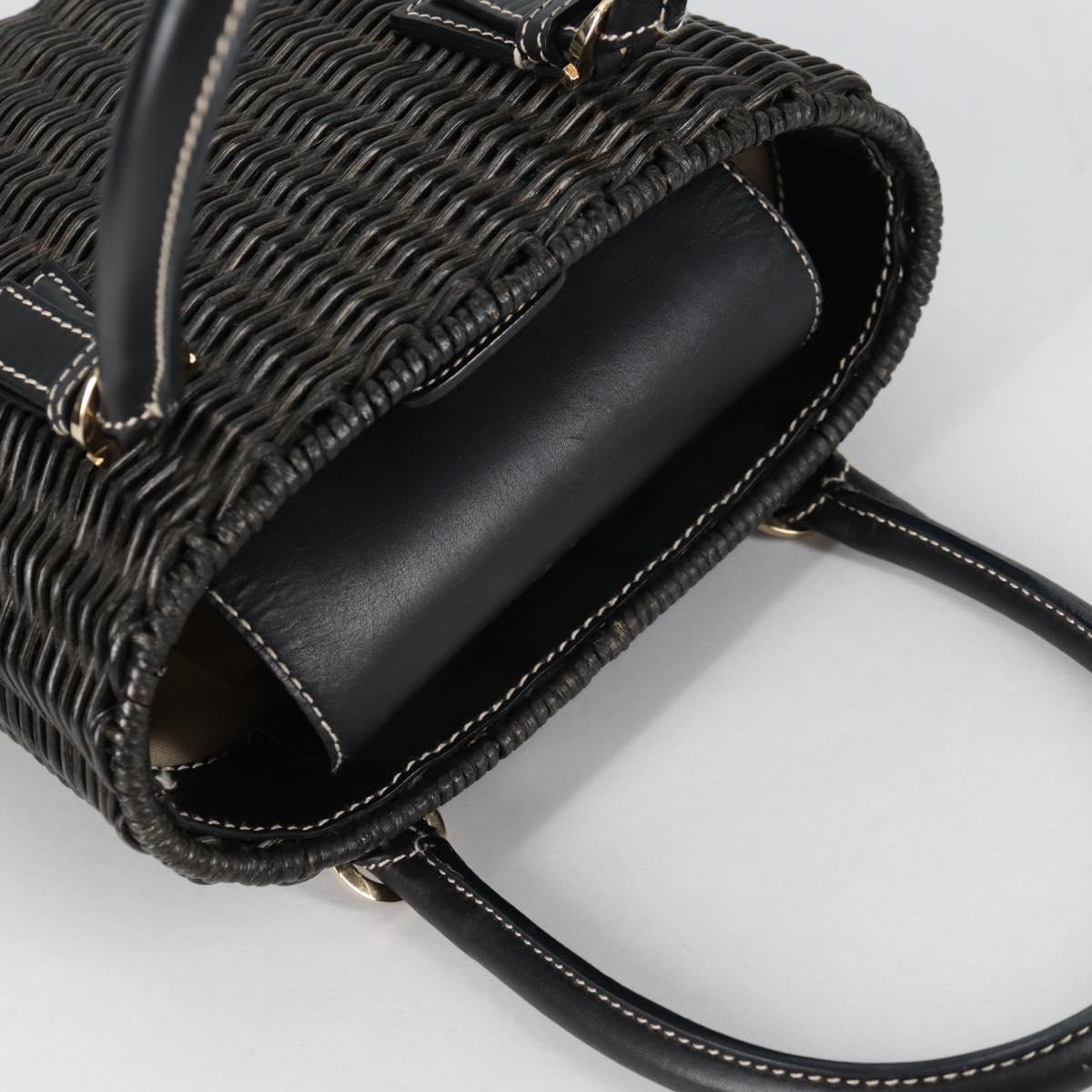 Salvatore Ferragamo Gancini Hand Bag Rattan Black Gold Auth 142185V