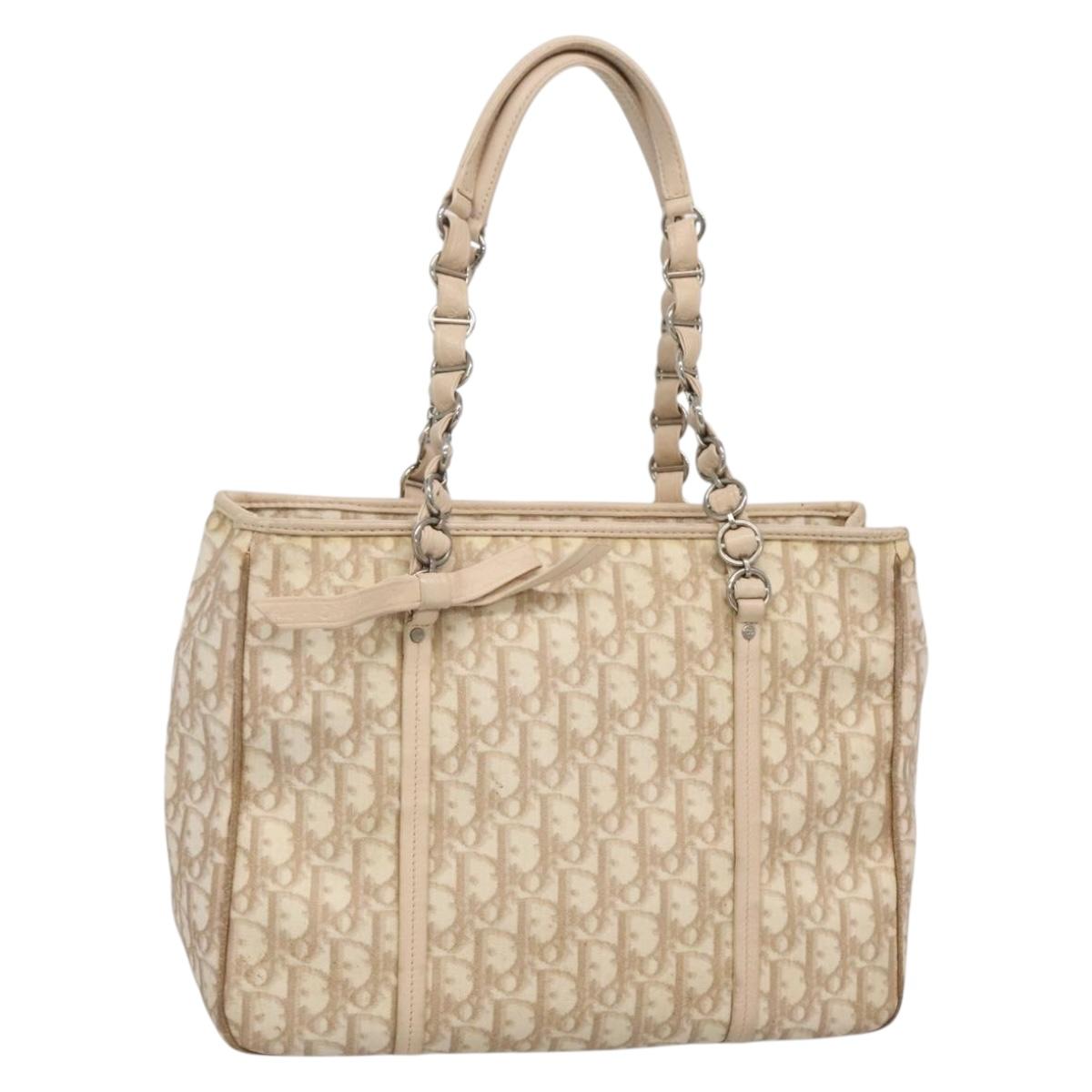 Christian Dior Trotter Canvas Romantic Tote Bag PVC Beige Silver Auth 142190