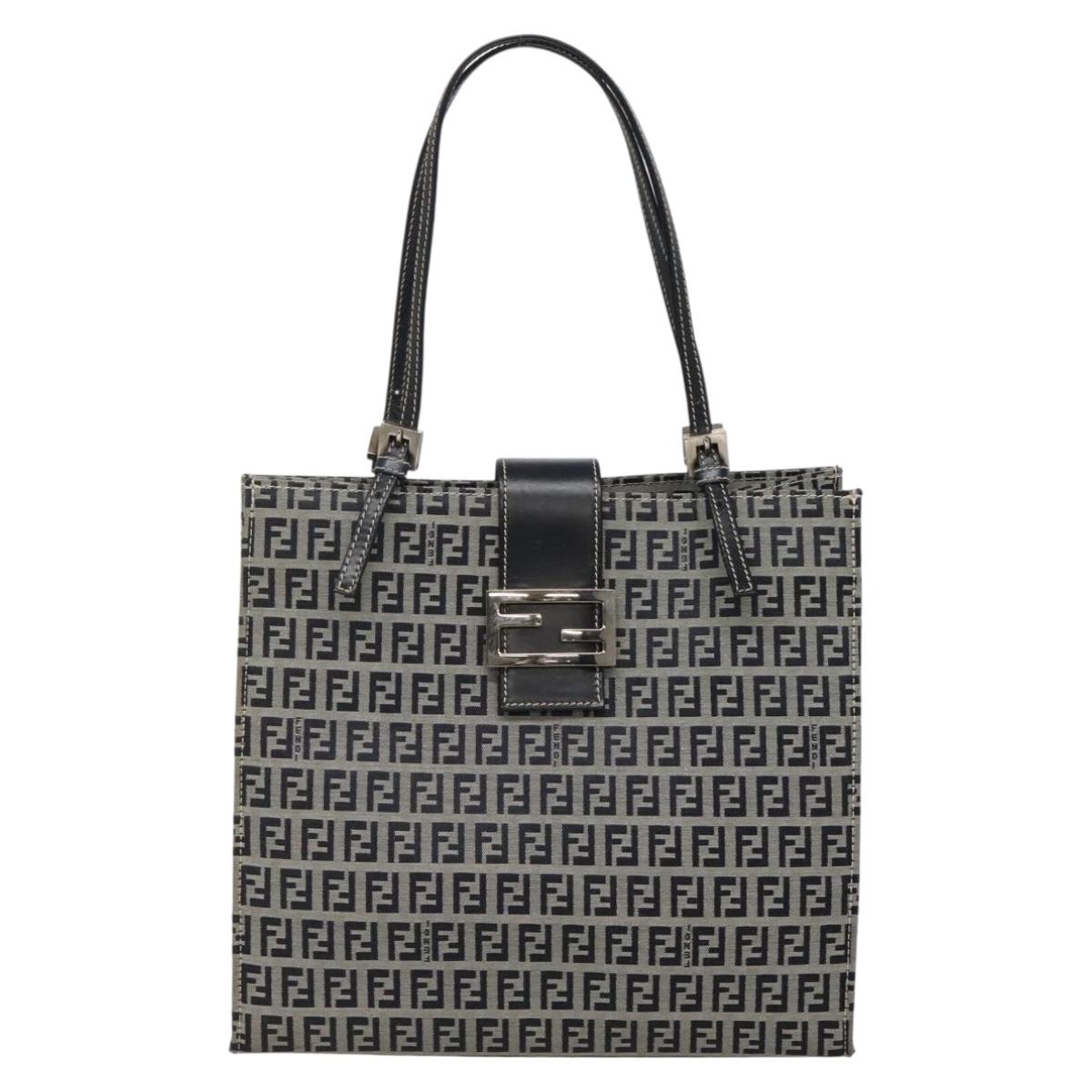 FENDI Zucchino Canvas Tote Bag Navy Silver Auth 142208
