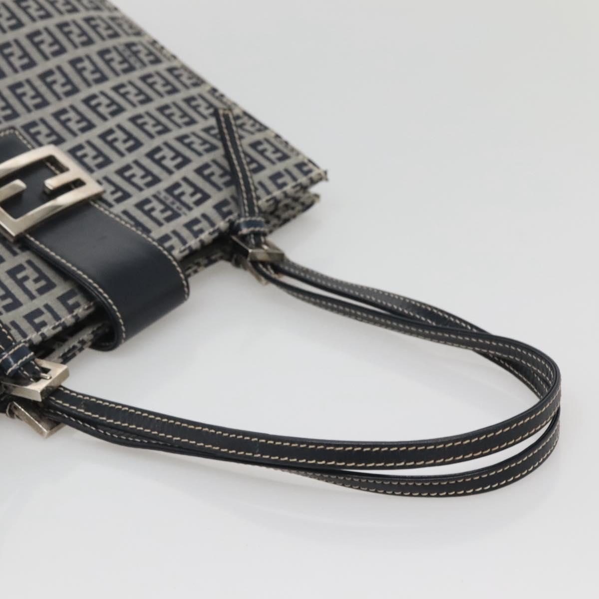FENDI Zucchino Canvas Tote Bag Navy Silver Auth 142208