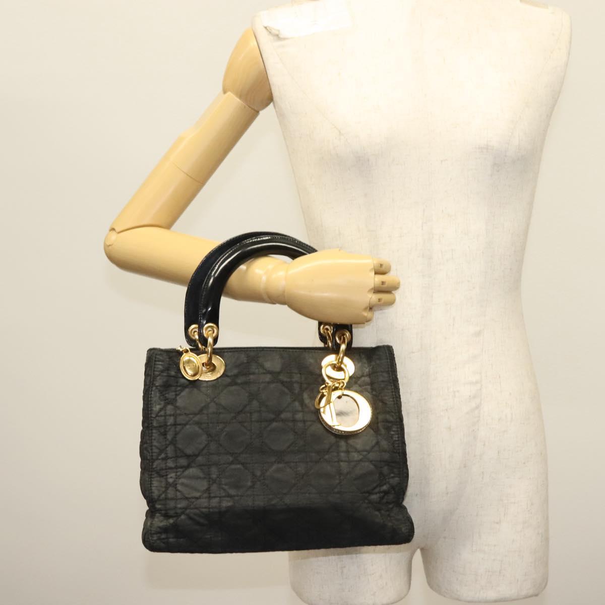 Christian Dior Canage Hand Bag Nylon Black Gold Auth 142241