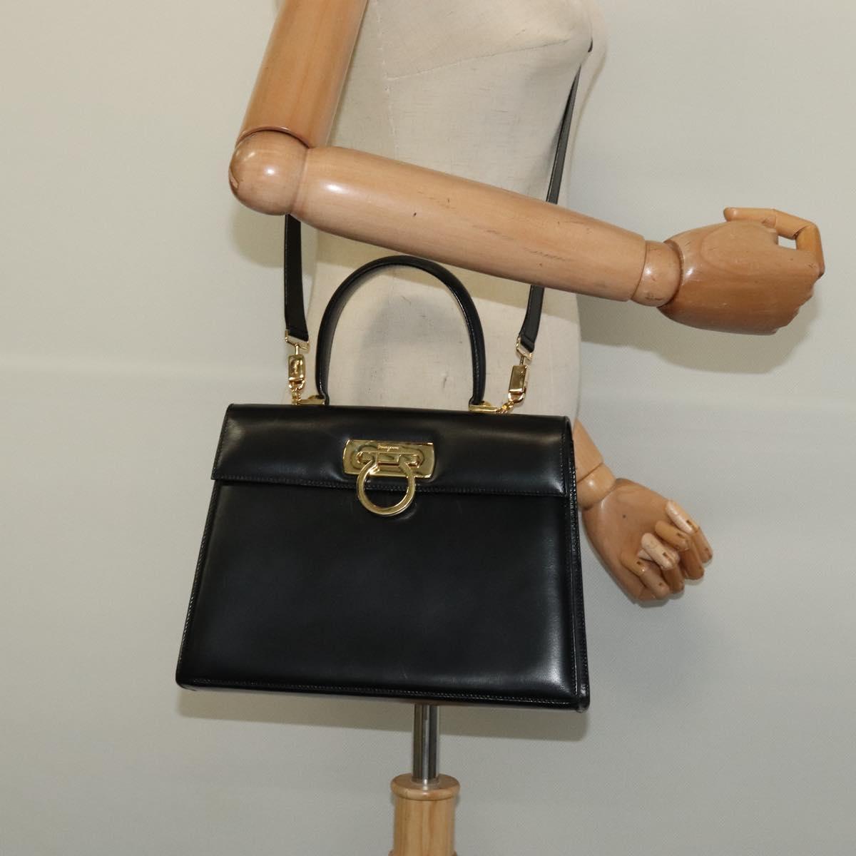 Salvatore Ferragamo Gancini Hand Bag Leather 2way Black Gold Auth 142244
