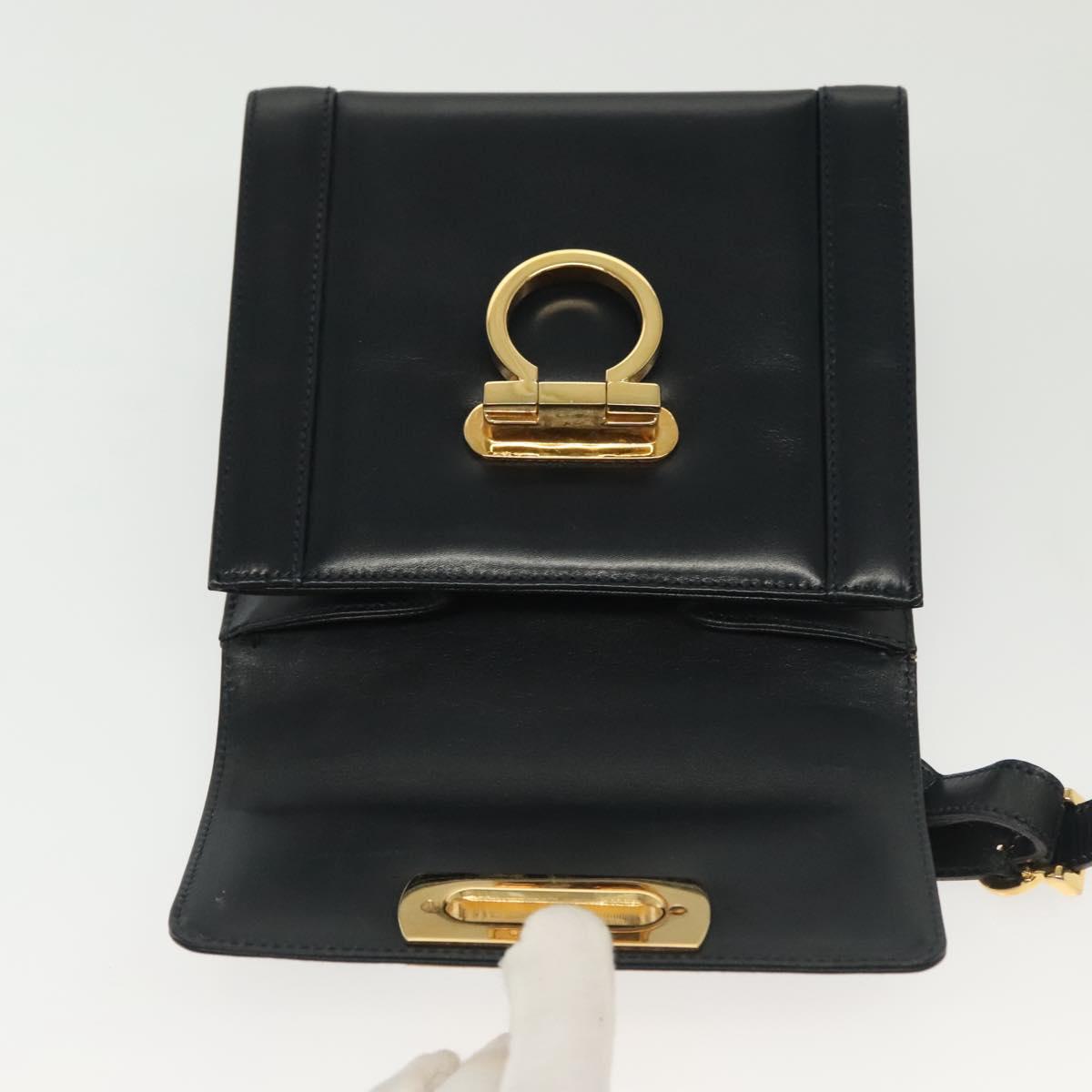 Salvatore Ferragamo Gancini Hand Bag Leather Navy Gold Auth 142283A