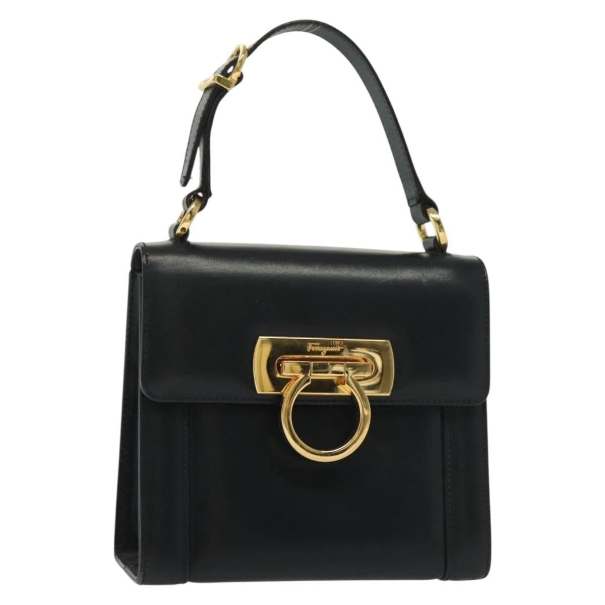Salvatore Ferragamo Gancini Hand Bag Leather Navy Gold Auth 142283A