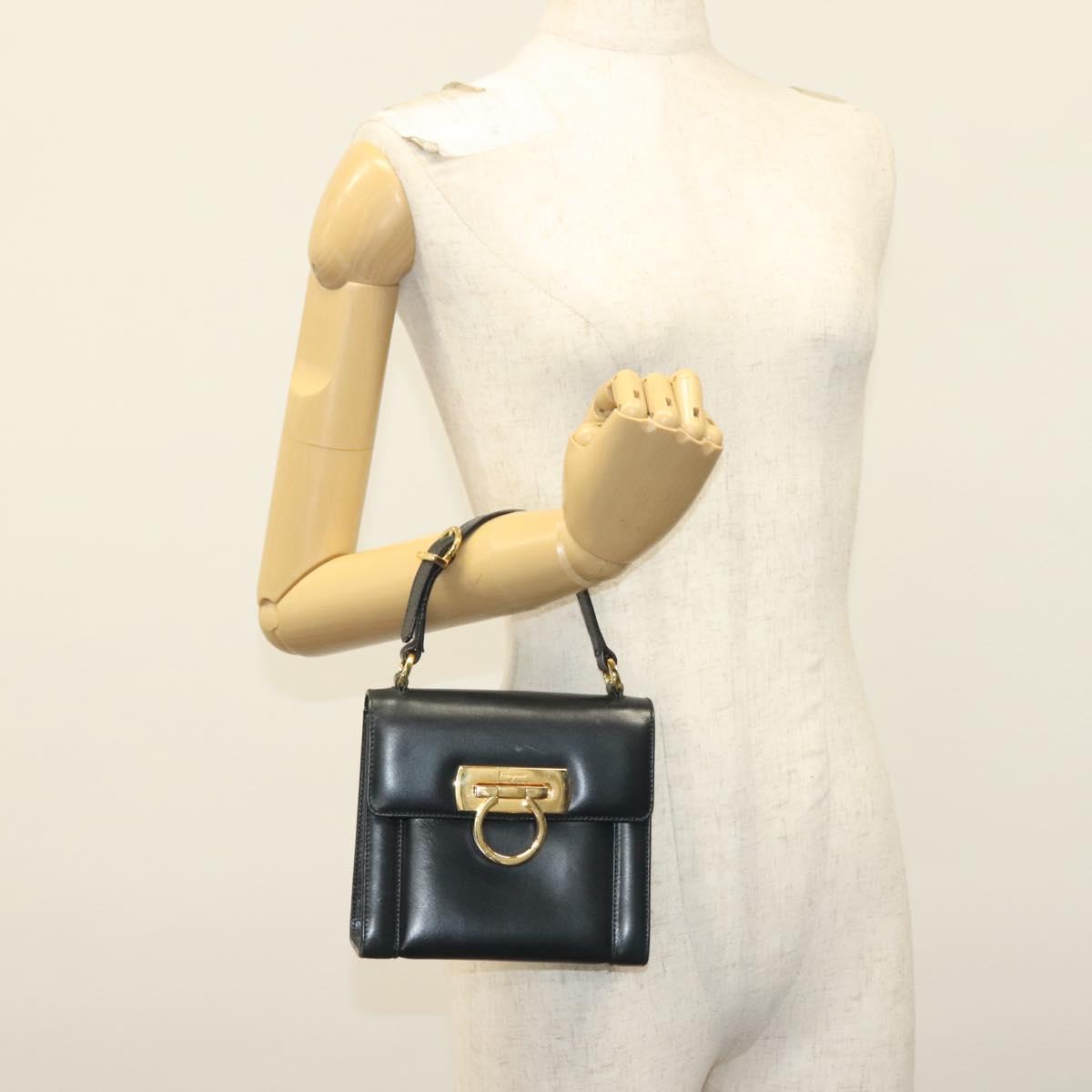 Salvatore Ferragamo Gancini Hand Bag Leather Navy Gold Auth 142283A