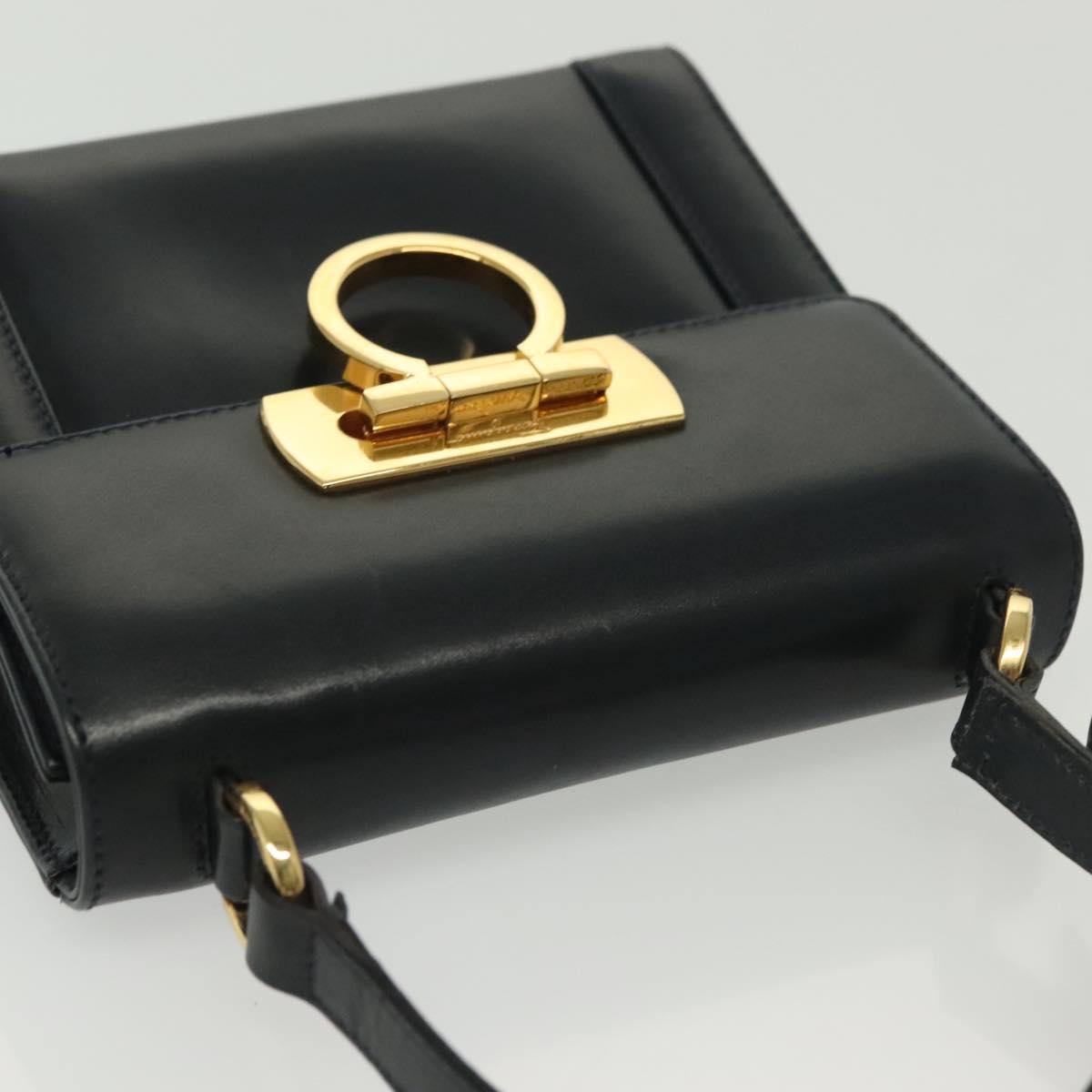 Salvatore Ferragamo Gancini Hand Bag Leather Navy Gold Auth 142283