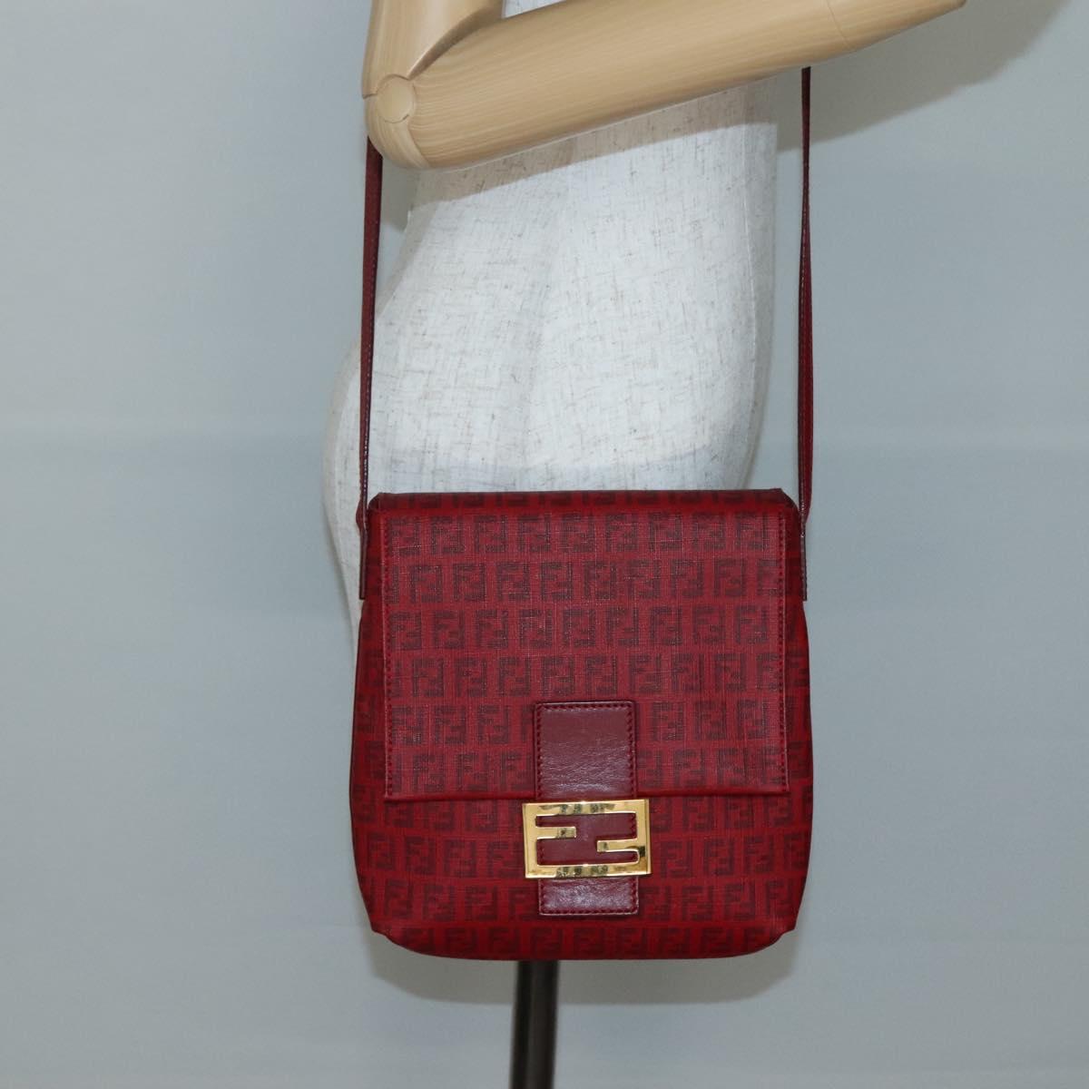 FENDI Zucchino Canvas Mamma Baguette Shoulder Bag PVC Red Gold Auth 142286V