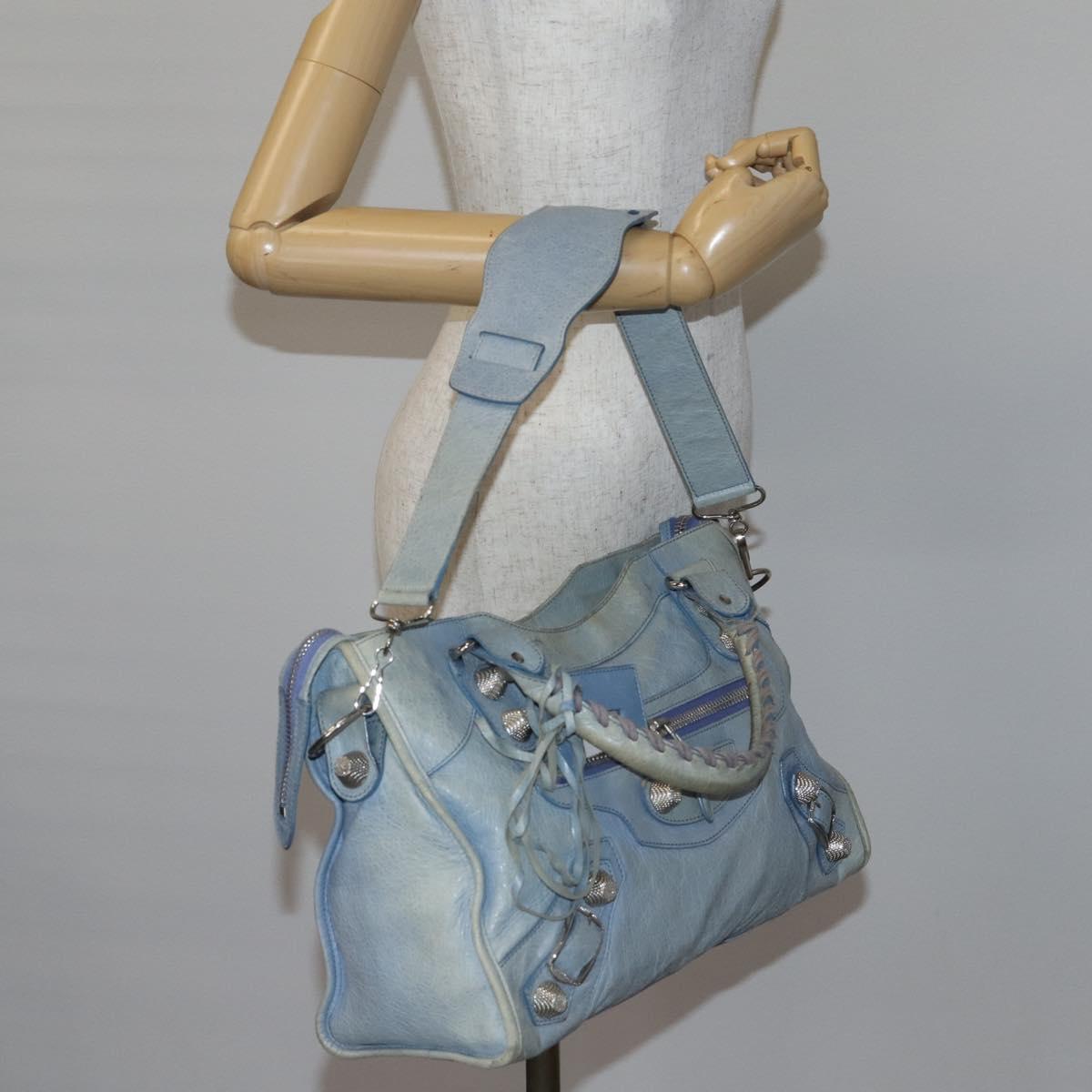 BALENCIAGA The Giant City Hand Bag Leather 2way Light Blue Silver Auth 142291