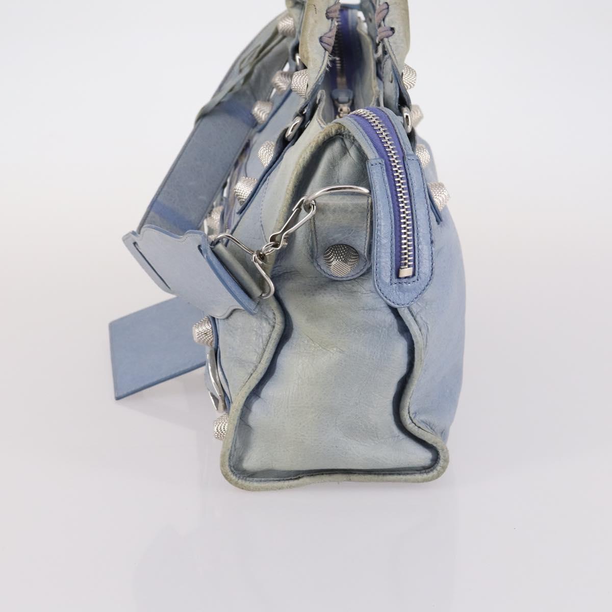 BALENCIAGA The Giant City Hand Bag Leather 2way Light Blue Silver Auth 142291