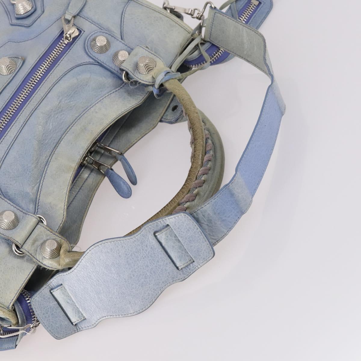 BALENCIAGA The Giant City Hand Bag Leather 2way Light Blue Silver Auth 142291