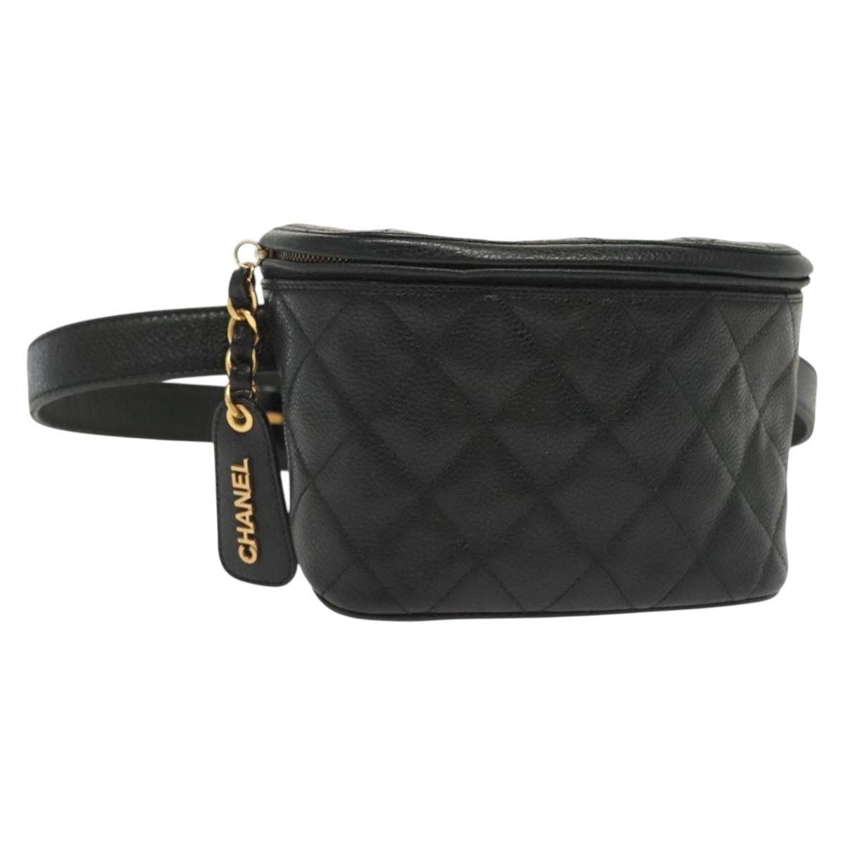 CHANEL Matelasse Waist Bag Caviar Skin Black Gold CC Auth 142308