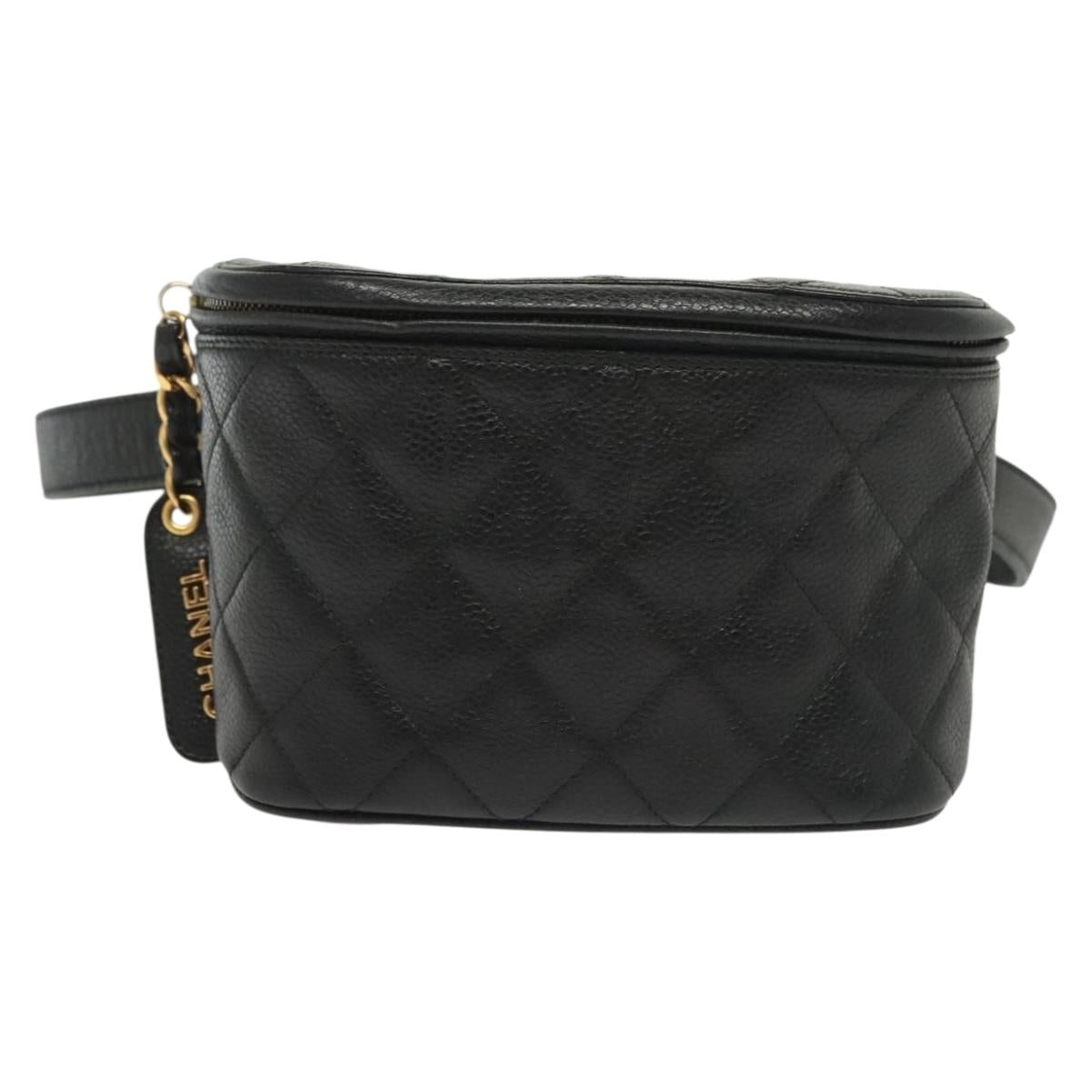 CHANEL Matelasse Waist Bag Caviar Skin Black Gold CC Auth 142308