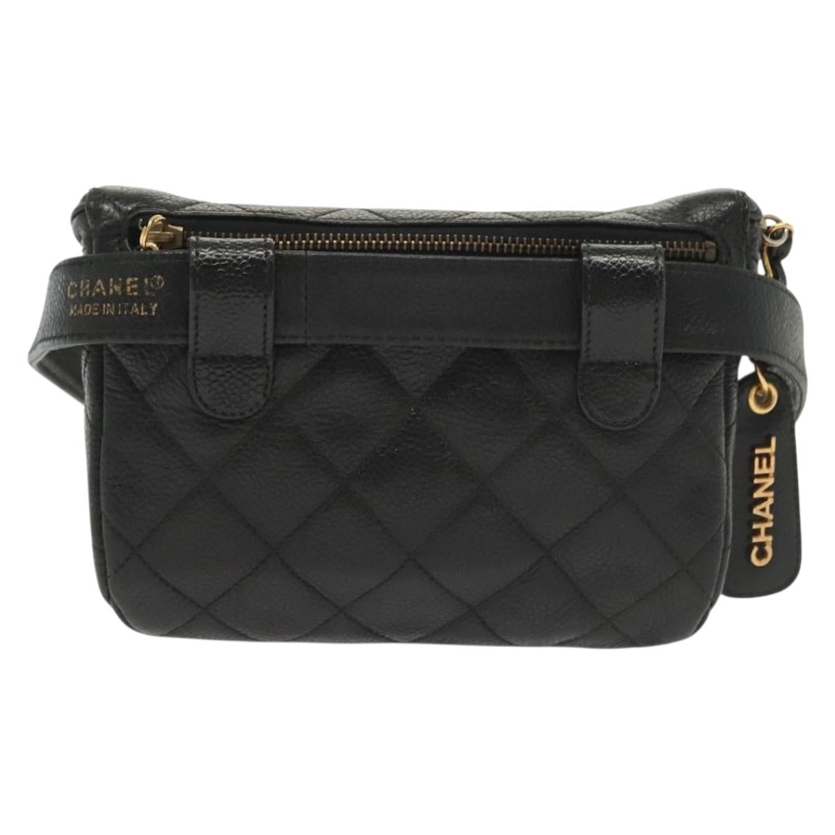 CHANEL Matelasse Waist Bag Caviar Skin Black Gold CC Auth 142308