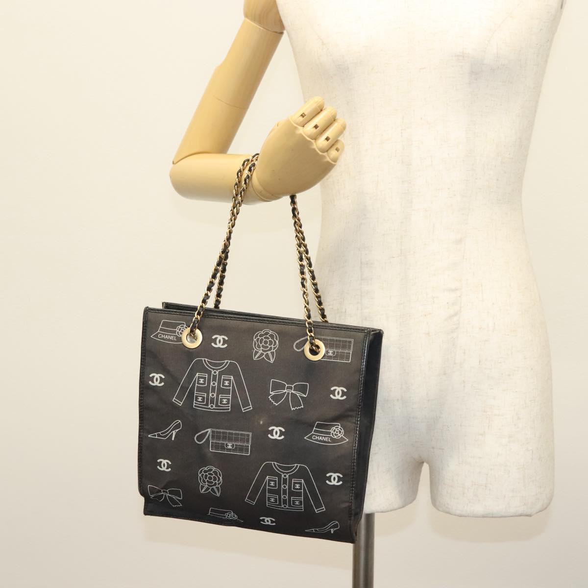 CHANEL Chain Tote Bag Canvas Black Gold CC Auth 142312