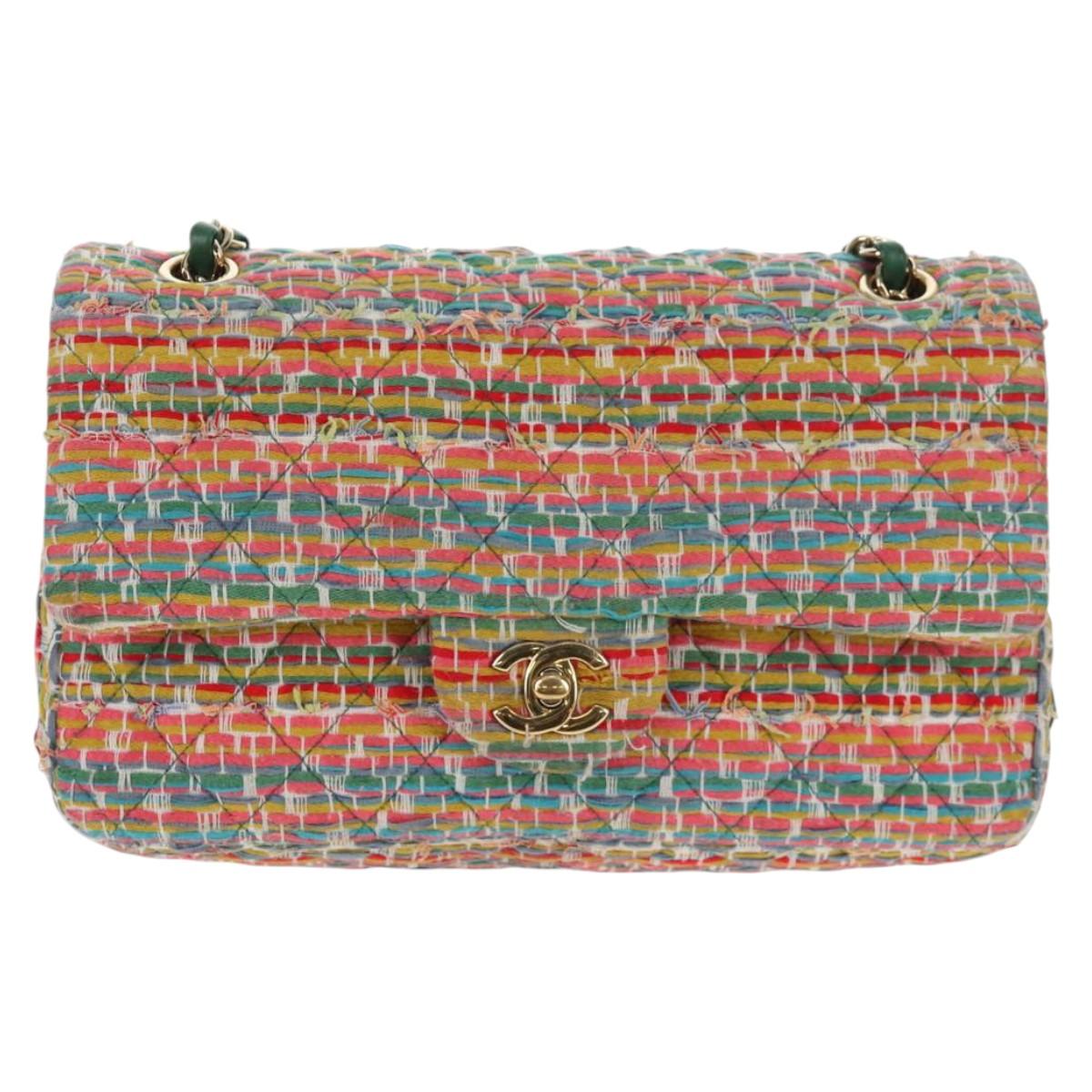 CHANEL Double Flap Matelasse 25 Chain Bag tweed Multicolor Gold CC Auth 142314SM