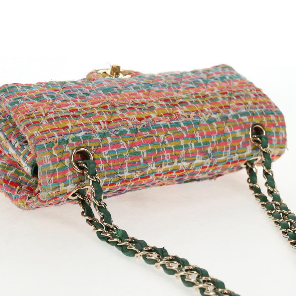 CHANEL Double Flap Matelasse 25 Chain Bag tweed Multicolor Gold CC Auth 142314SM