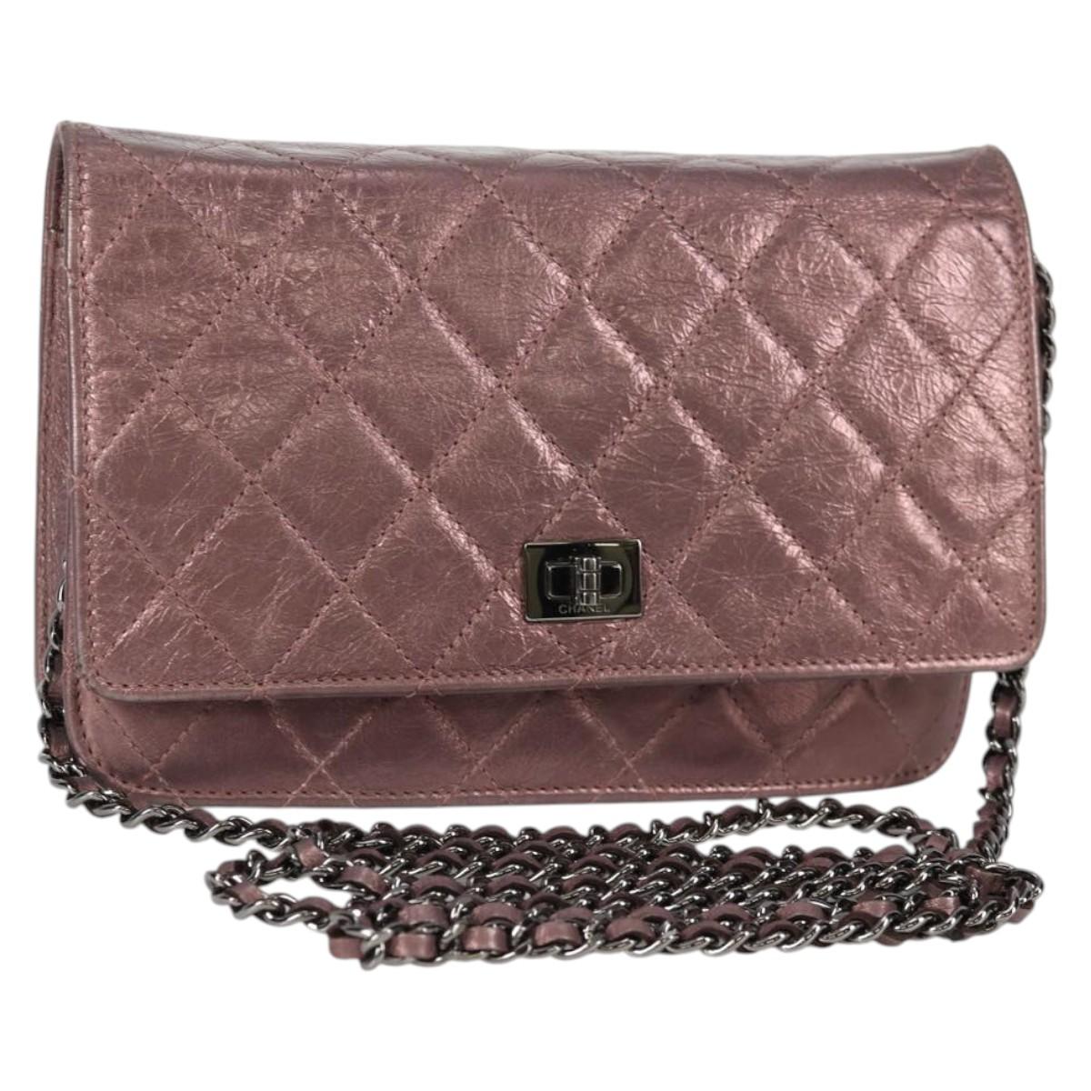 CHANEL Chain Matelasse 2.55 Shoulder Bag Leather Pink Silver CC Auth 142319V