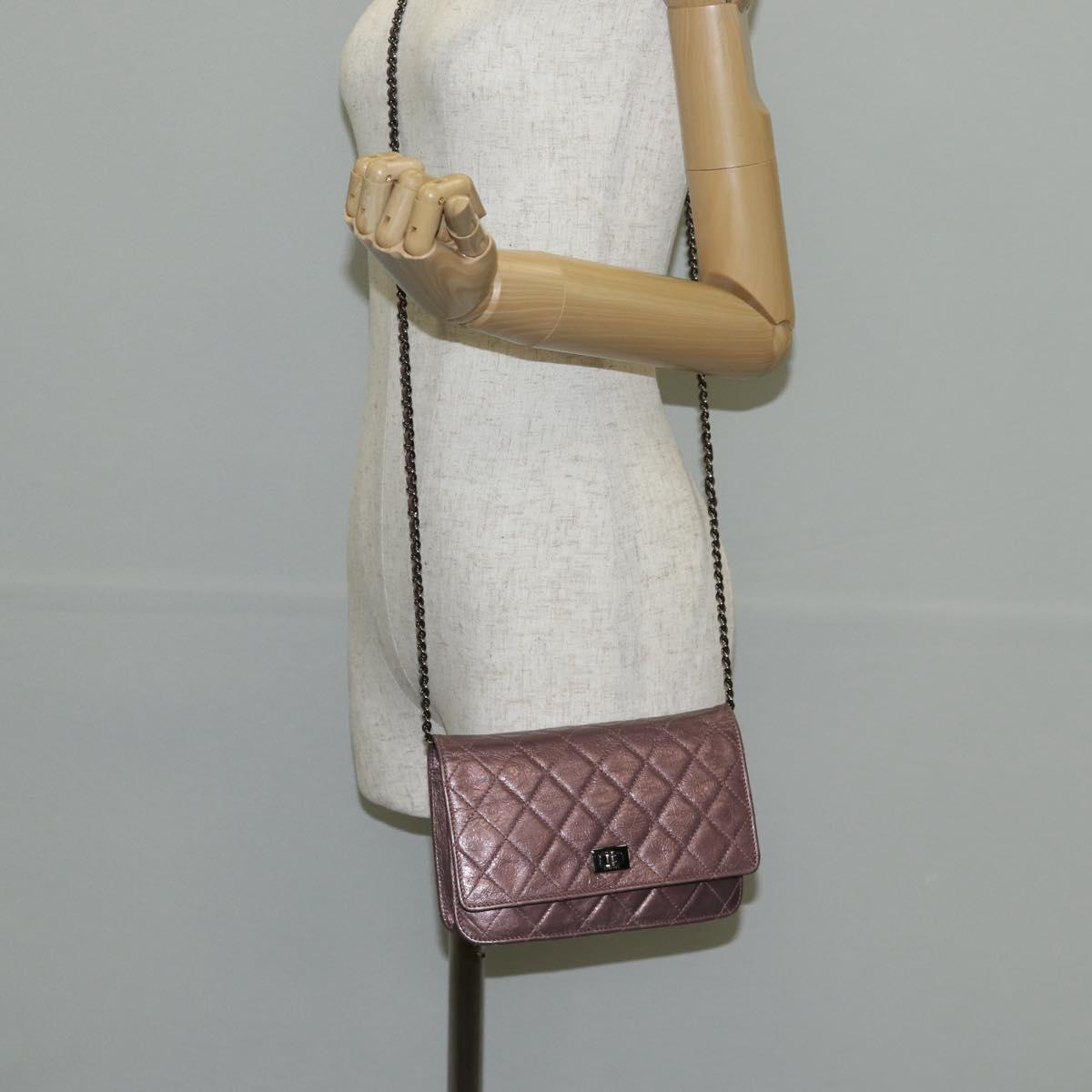 CHANEL Chain Matelasse 2.55 Shoulder Bag Leather Pink Silver CC Auth 142319V