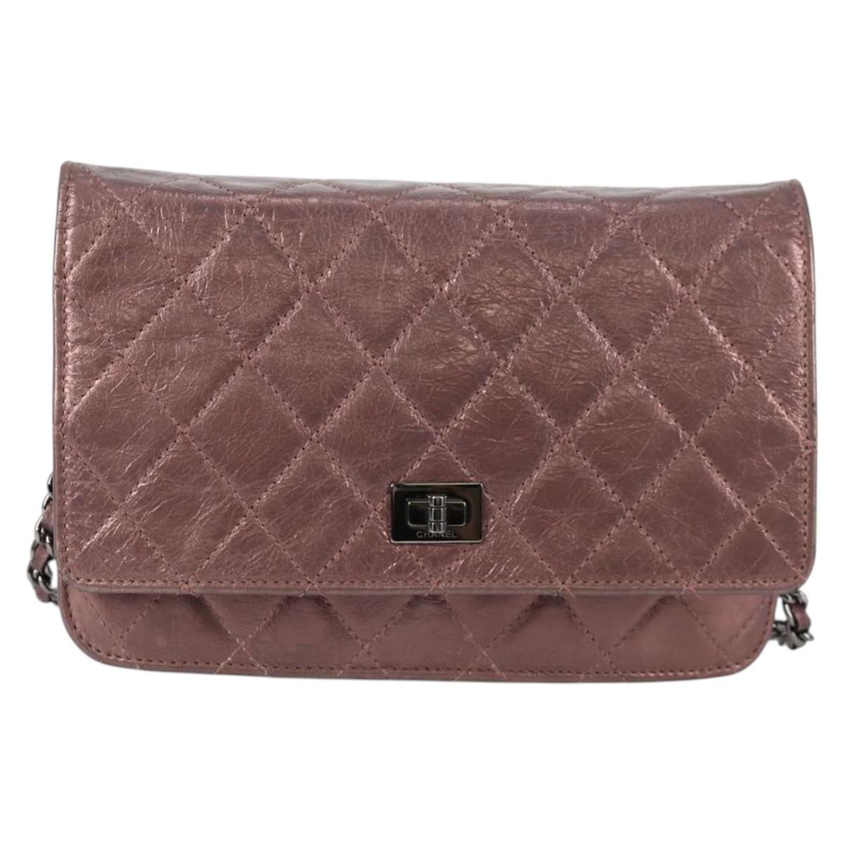 CHANEL Chain Matelasse 2.55 Shoulder Bag Leather Pink Silver CC Auth 142319V