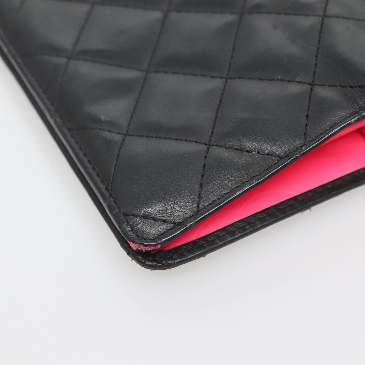 CHANEL Cambon Line Matelasse Long Wallet Calf Skin Black CC Auth 142364