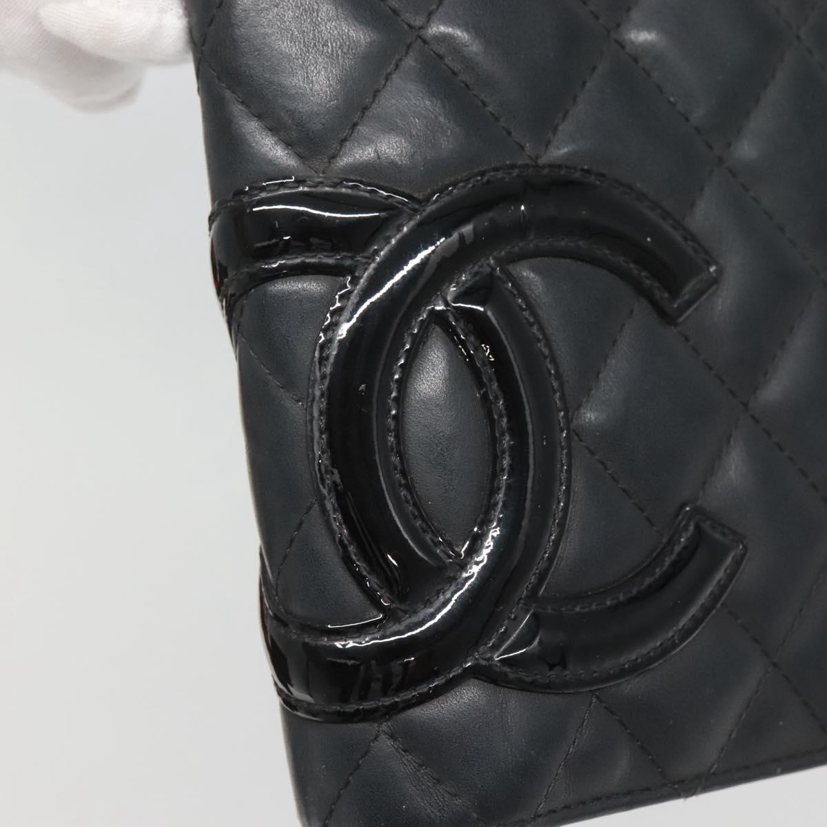 CHANEL Cambon Line Matelasse Long Wallet Calf Skin Black CC Auth 142364