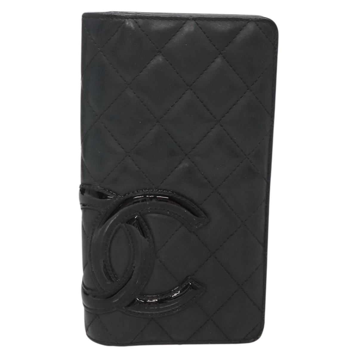 CHANEL Cambon Line Matelasse Long Wallet Calf Skin Black CC Auth 142364