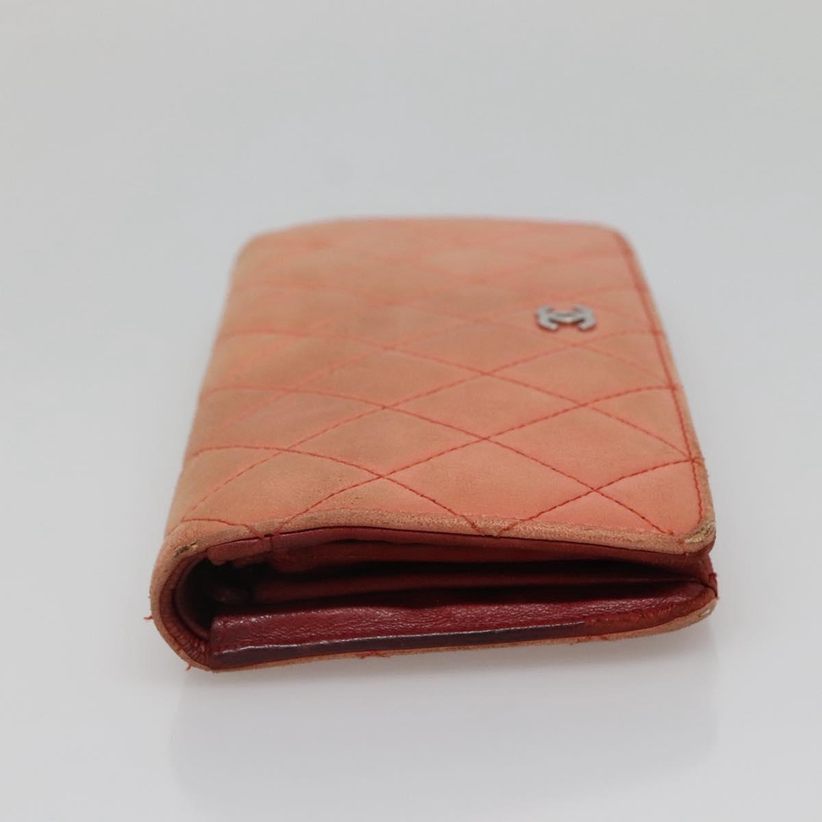 CHANEL Matelasse Long Wallet Lamb Skin Orange Silver CC Auth 142365