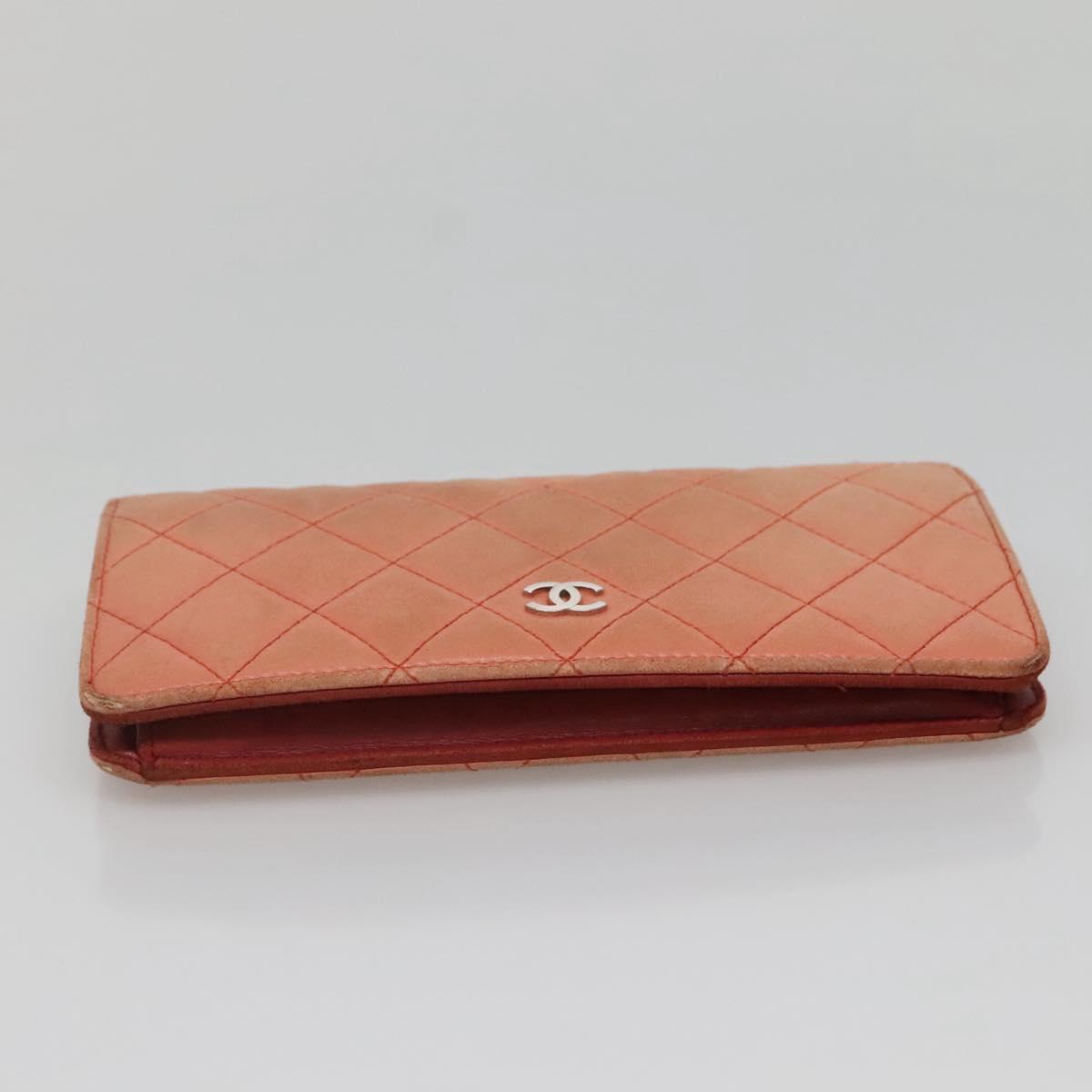 CHANEL Matelasse Long Wallet Lamb Skin Orange Silver CC Auth 142365