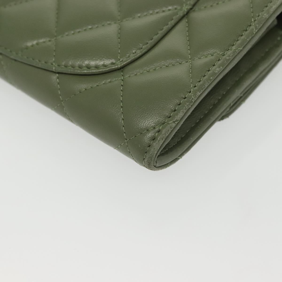 CHANEL Long Wallet Lamb Skin Green CC Auth 142370
