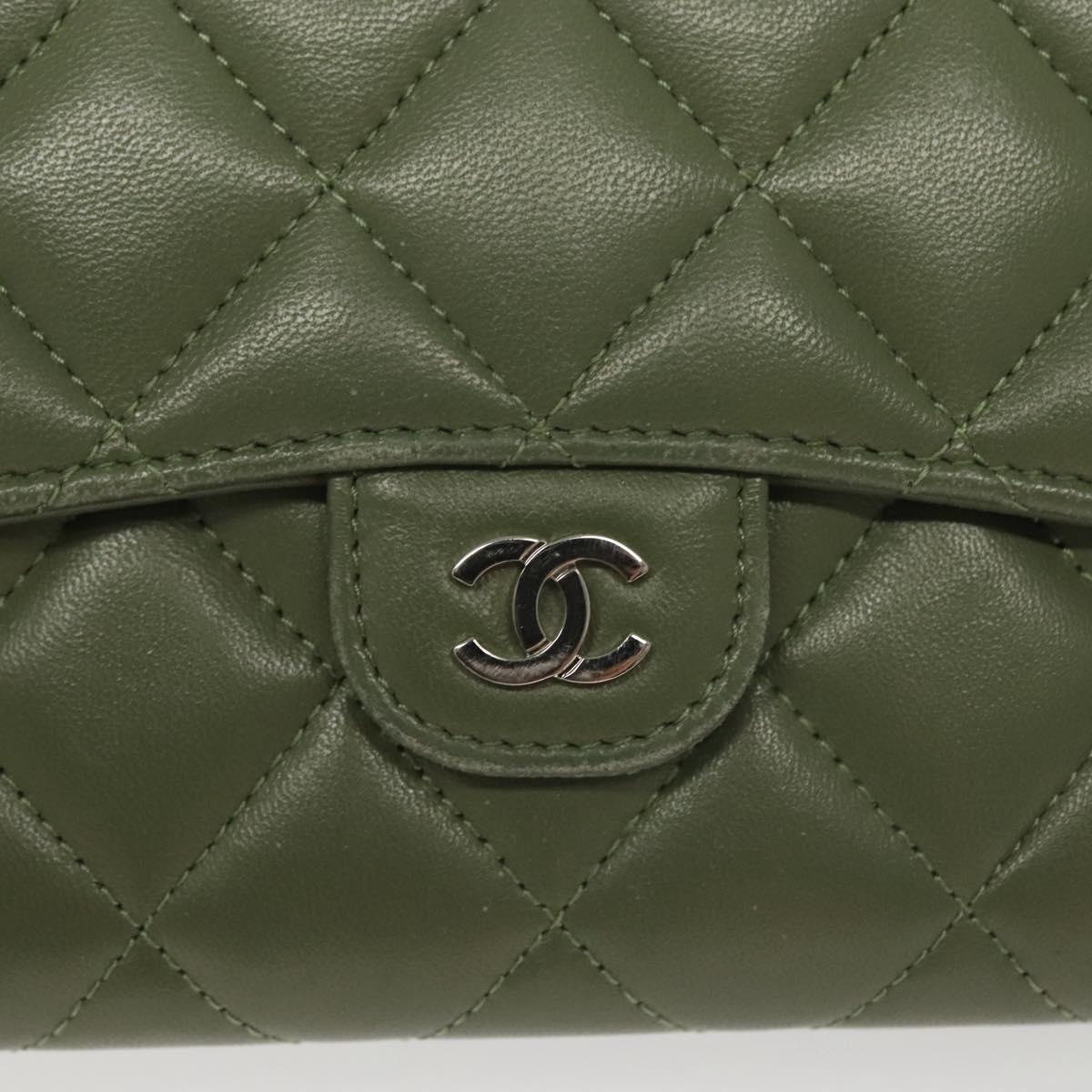 CHANEL Long Wallet Lamb Skin Green CC Auth 142370